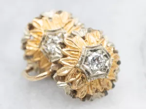 Ornate Vintage Two Tone Diamond Flower Drop Earrings