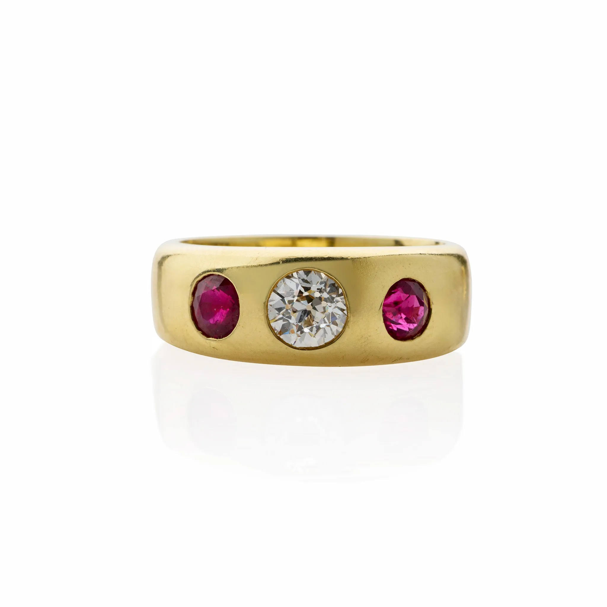 Pair of Victorian Three Stone Diamond, Ruby and Sapphire Rings
