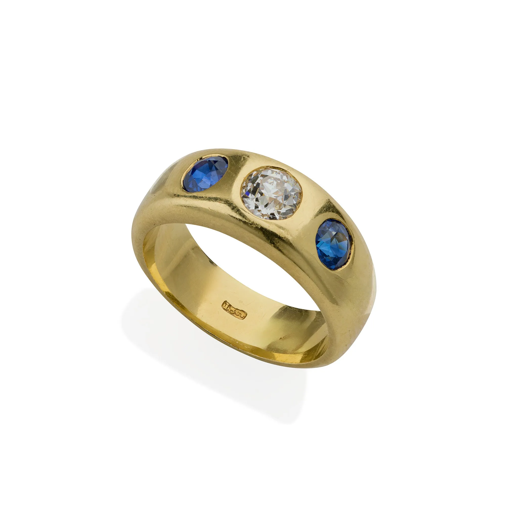 Pair of Victorian Three Stone Diamond, Ruby and Sapphire Rings