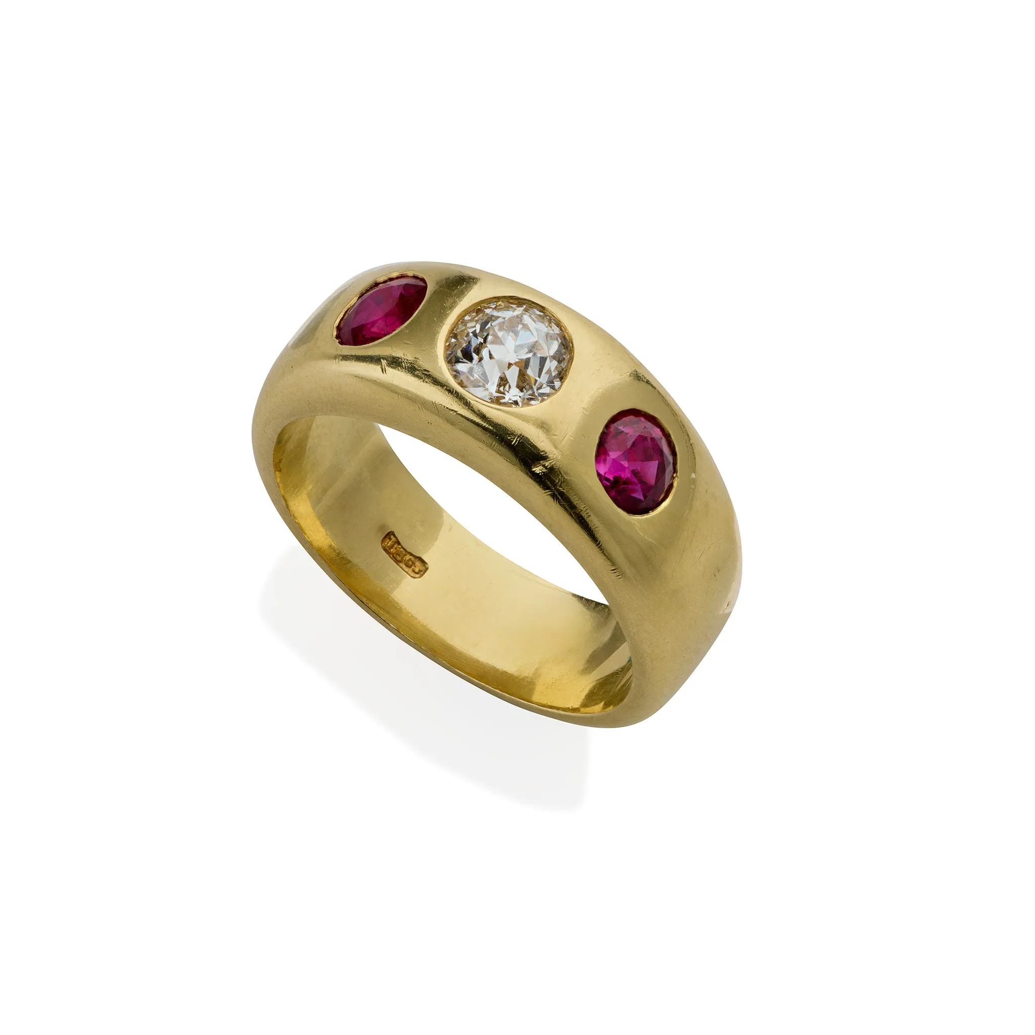 Pair of Victorian Three Stone Diamond, Ruby and Sapphire Rings