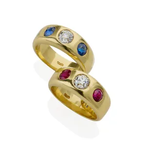 Pair of Victorian Three Stone Diamond, Ruby and Sapphire Rings