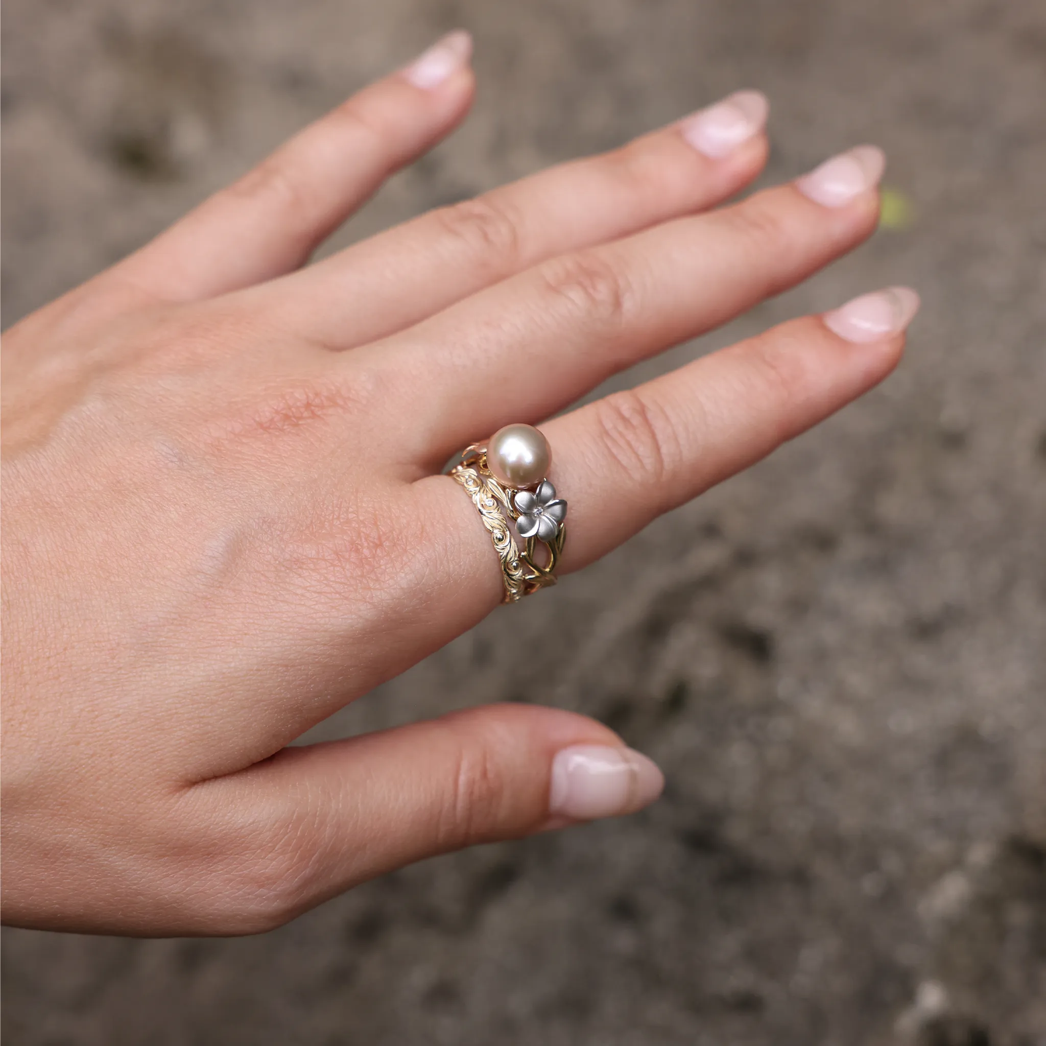 Pearls in Bloom Plumeria Lavender Freshwater Pearl Ring in Tri Color Gold with Diamonds - 8mm