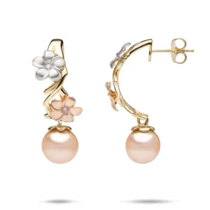 Pearls in Bloom Plumeria Peach Freshwater Pearl Earrings in Tri Color Gold with Diamonds- 23mm