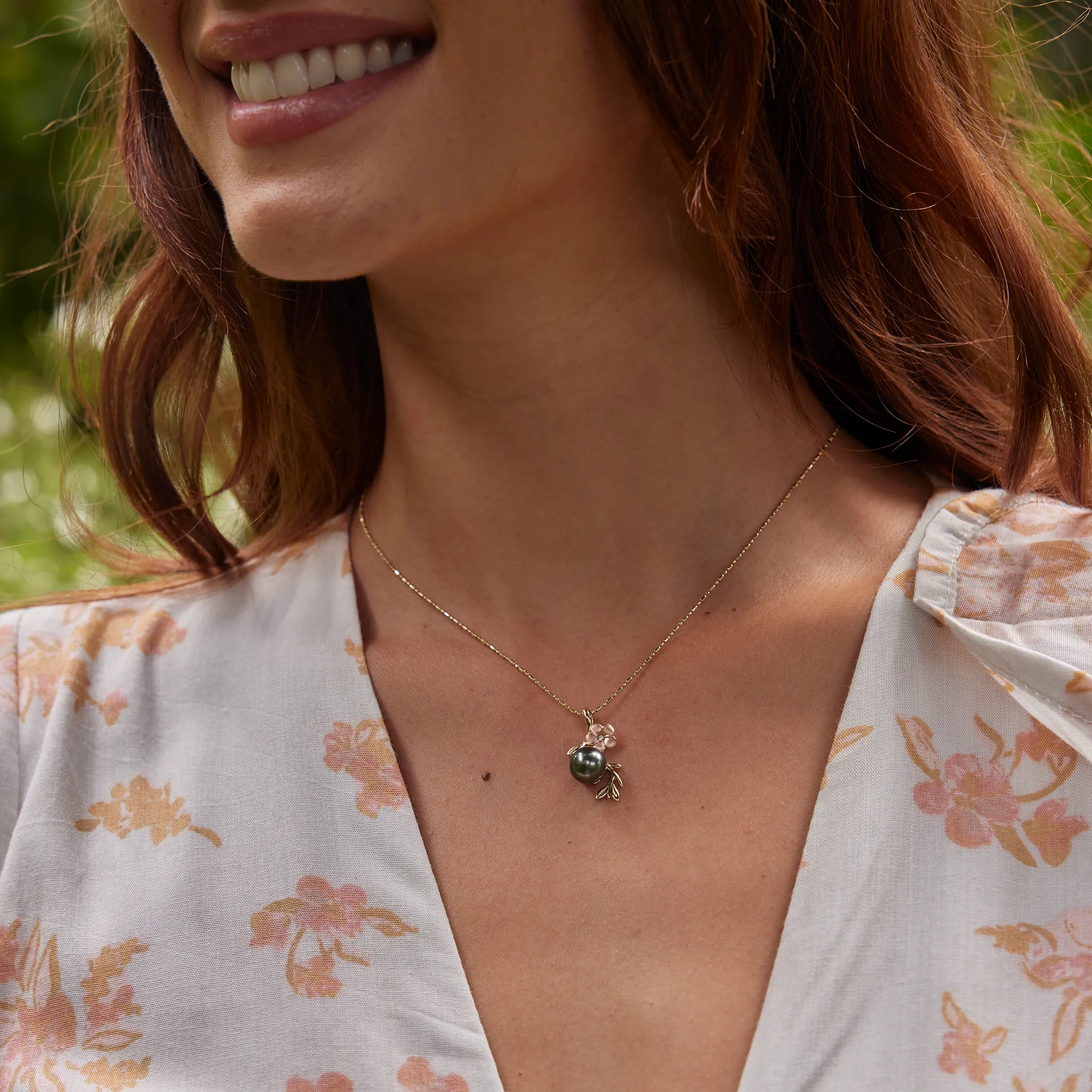 Pearls in Bloom Plumeria Tahitian Black Pearl Pendant in Two Tone Gold with Diamond - 25mm