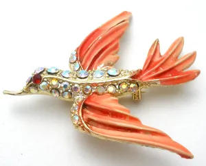 Pink Bird Brooch Pin With Rhinestones & Enamel