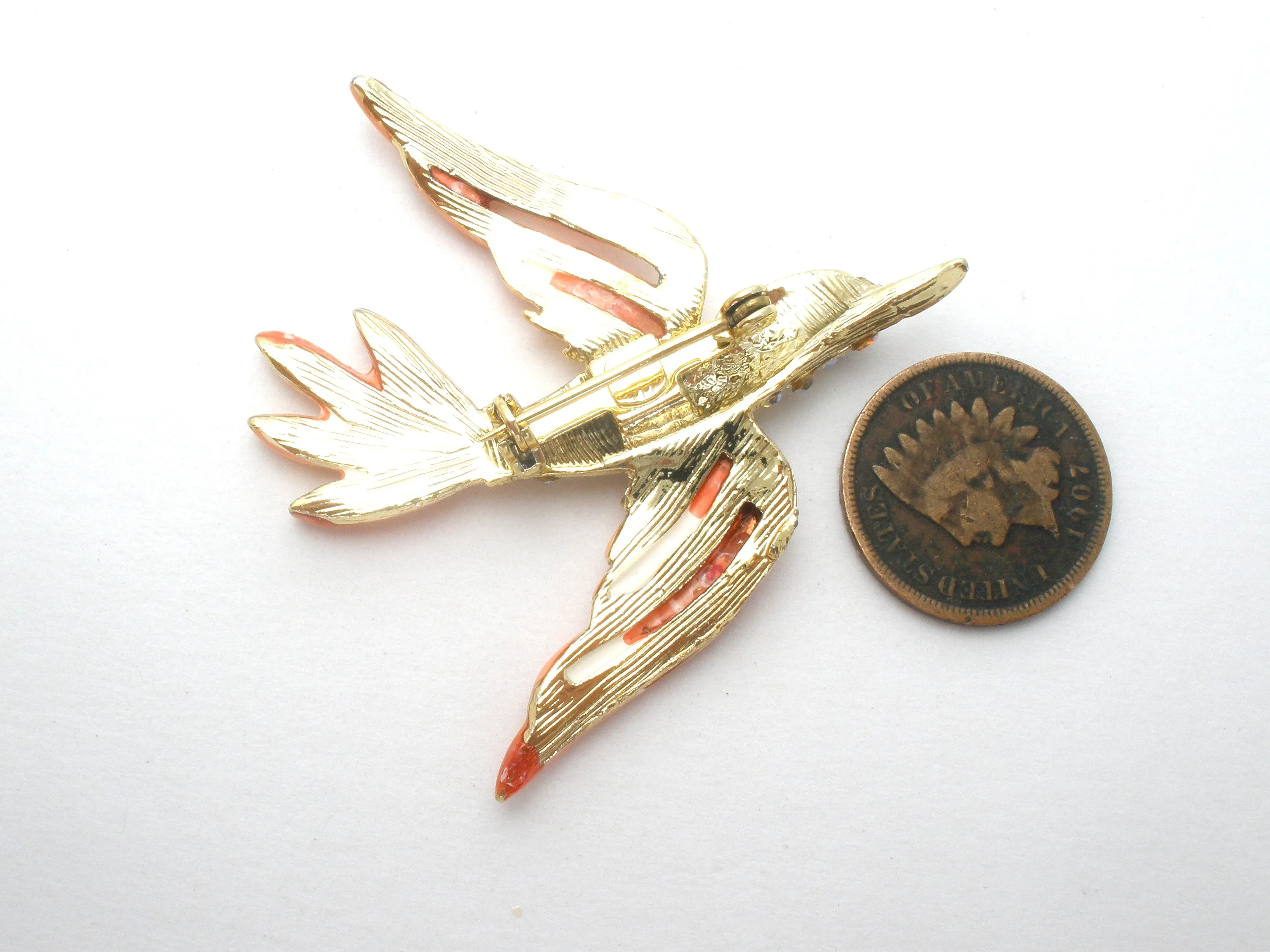 Pink Bird Brooch Pin With Rhinestones & Enamel