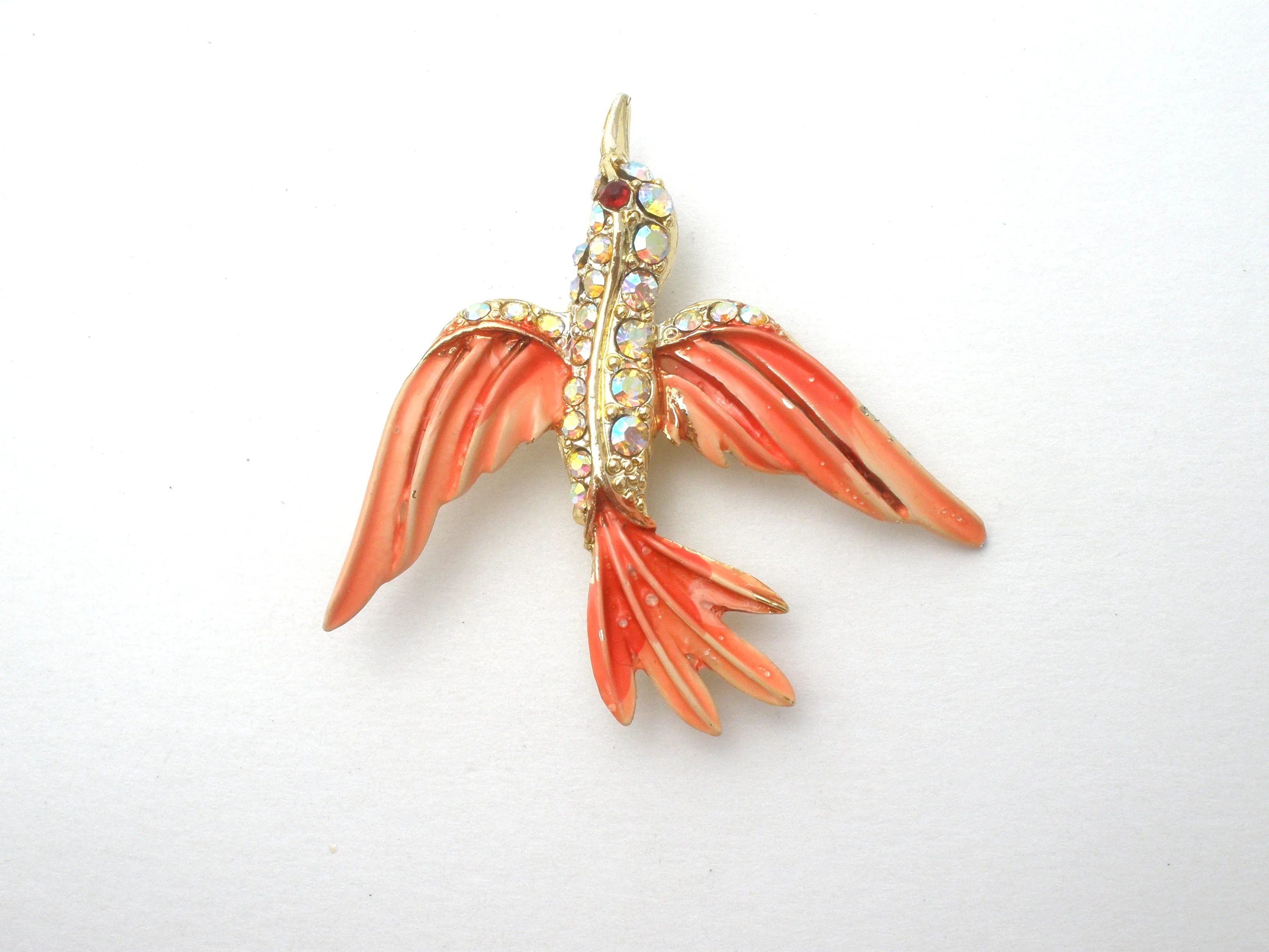 Pink Bird Brooch Pin With Rhinestones & Enamel