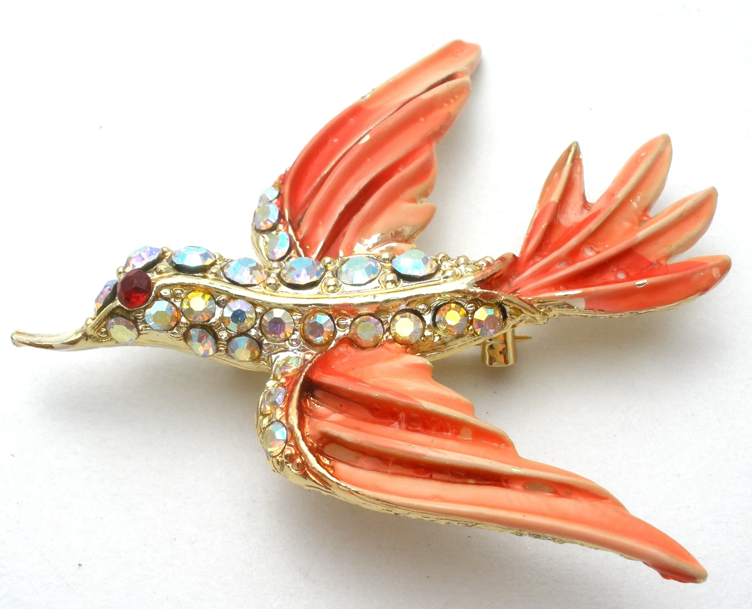 Pink Bird Brooch Pin With Rhinestones & Enamel
