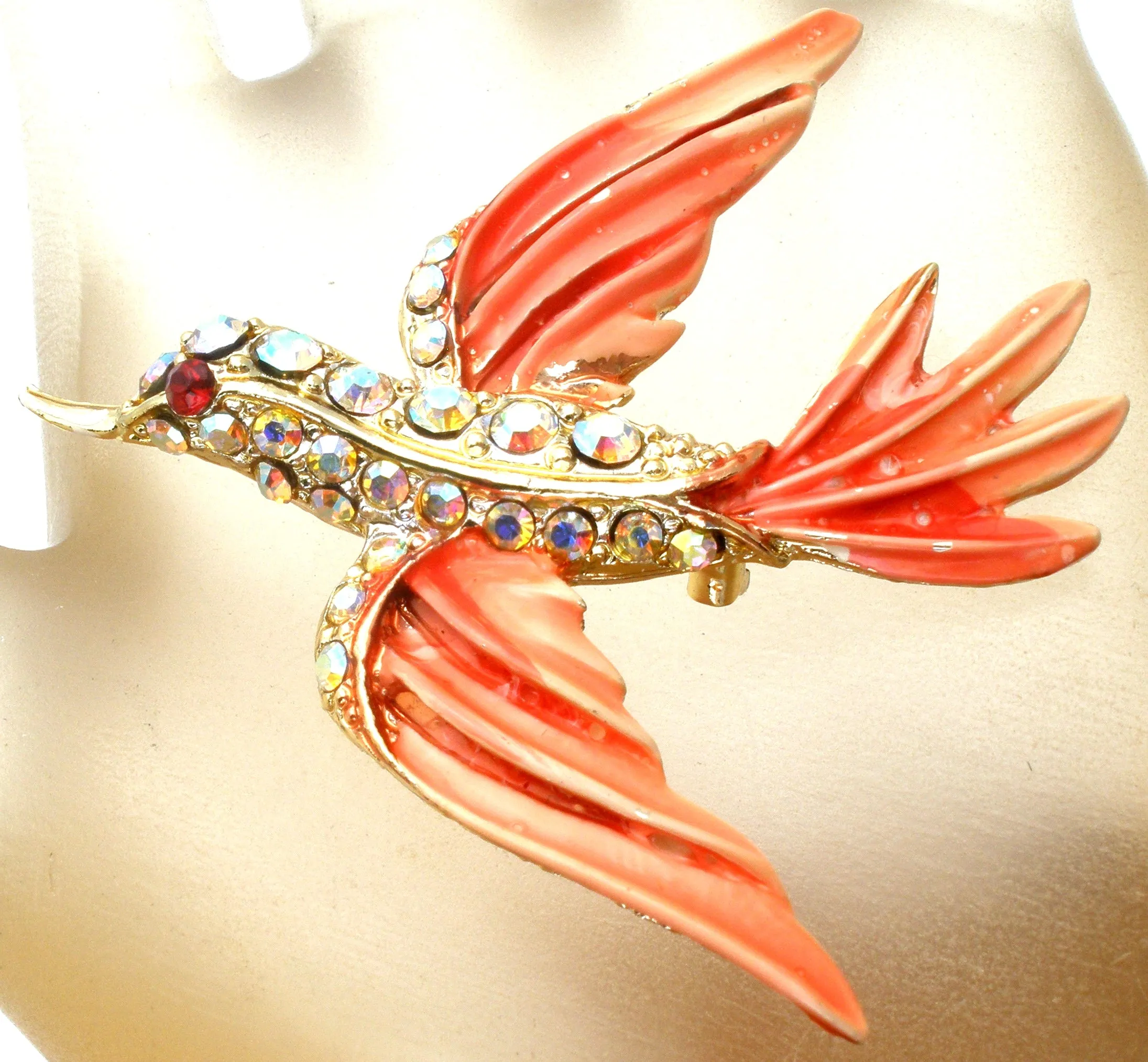 Pink Bird Brooch Pin With Rhinestones & Enamel