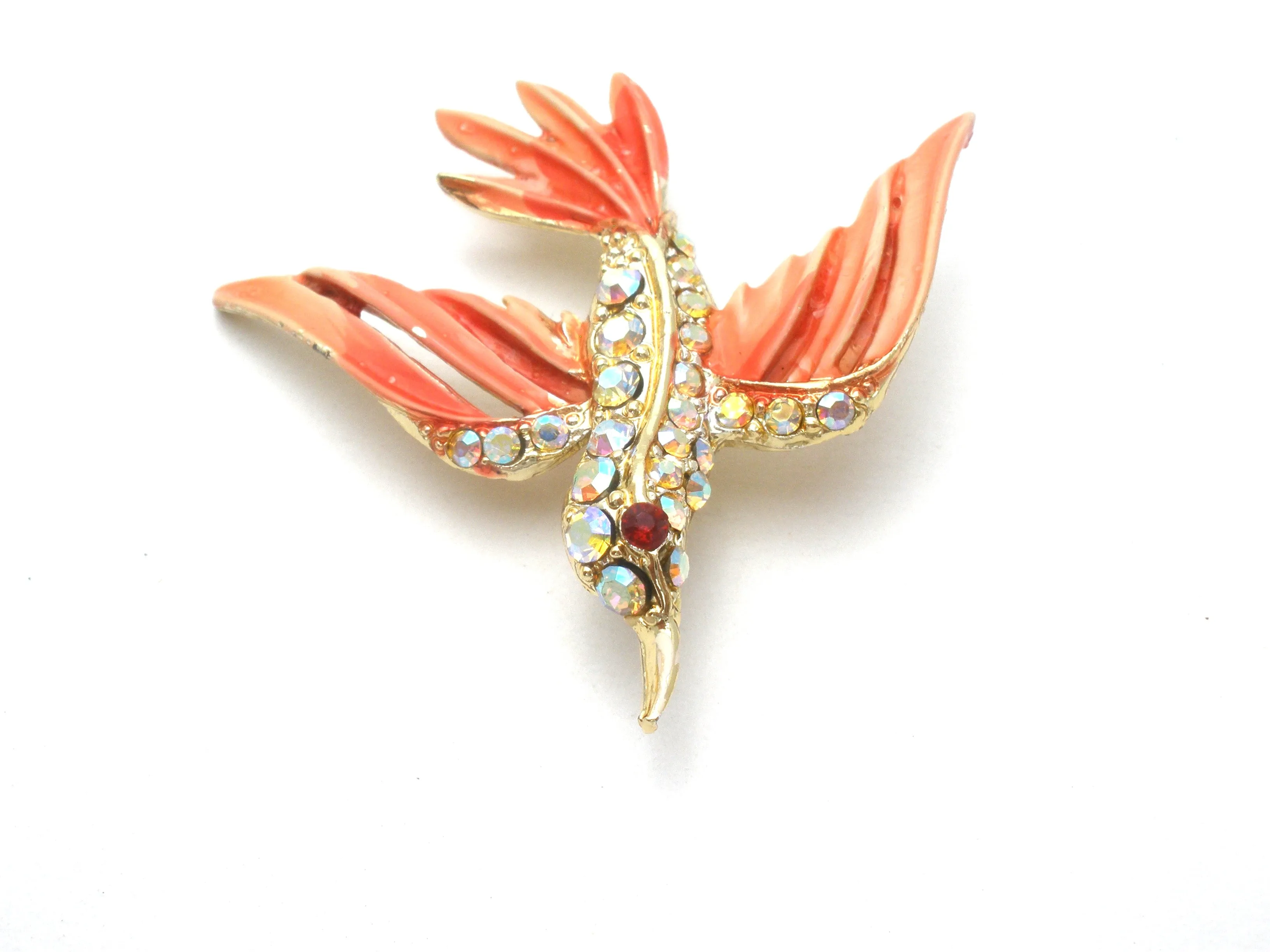 Pink Bird Brooch Pin With Rhinestones & Enamel