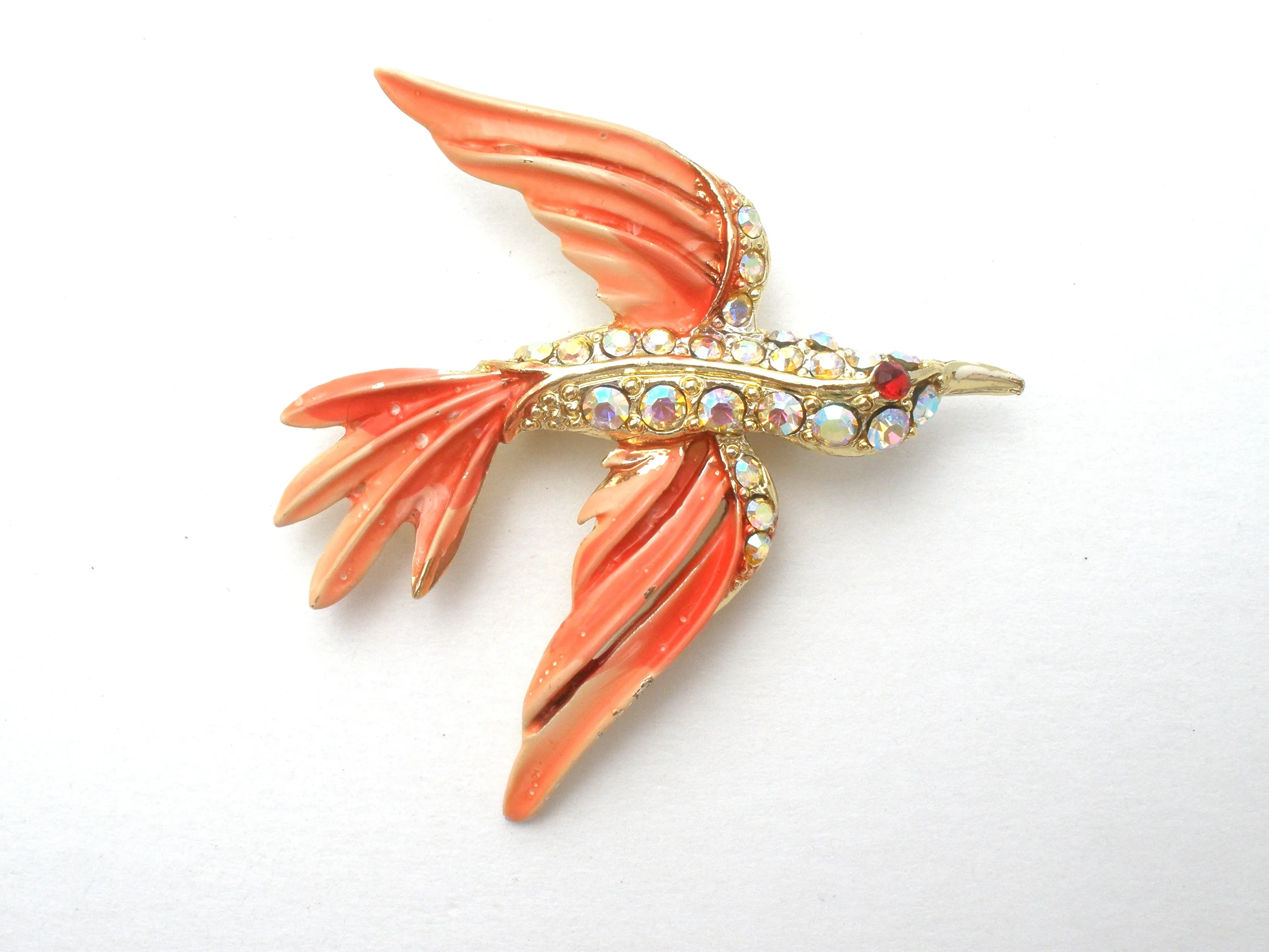 Pink Bird Brooch Pin With Rhinestones & Enamel