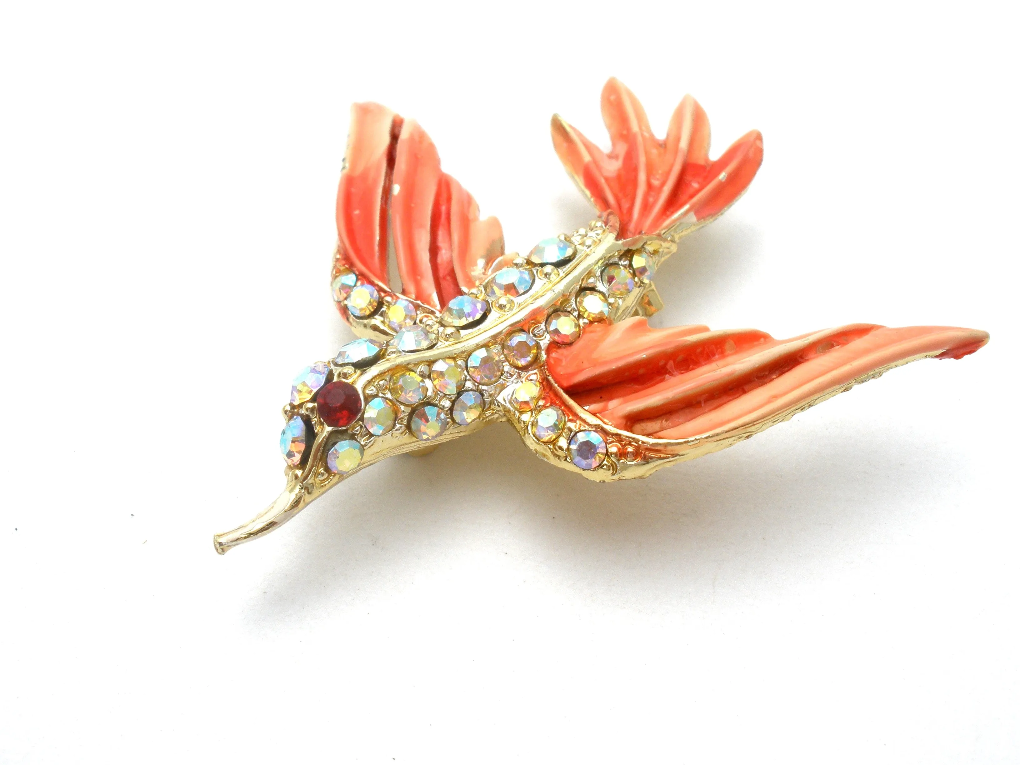 Pink Bird Brooch Pin With Rhinestones & Enamel