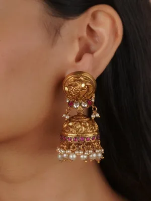 Pink Color Gold Plated Temple Earrings - TMPEAR82