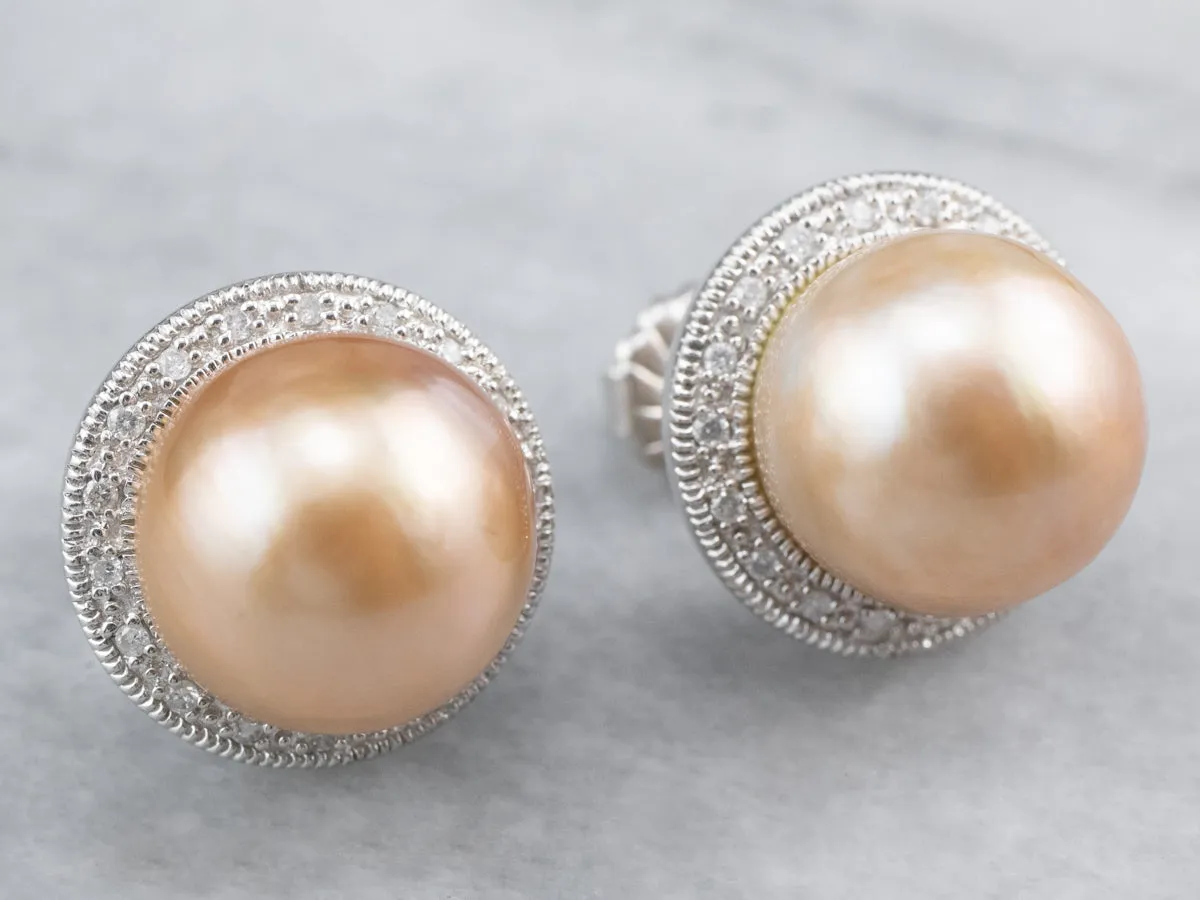 Pink Pearl Diamond Halo Stud Earrings