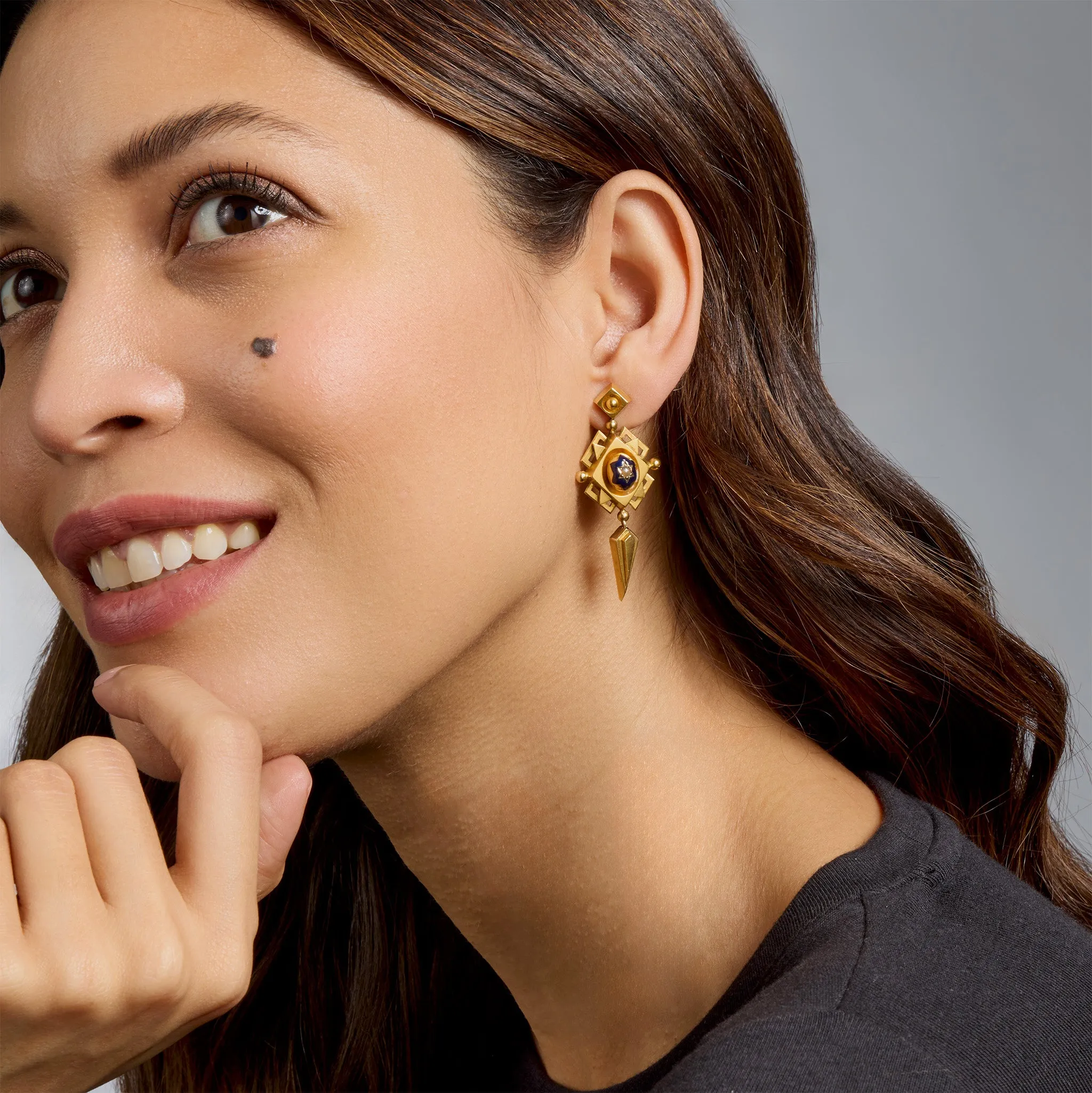 Polychrome Enamel 18K Gold Geometric Pendant Earrings