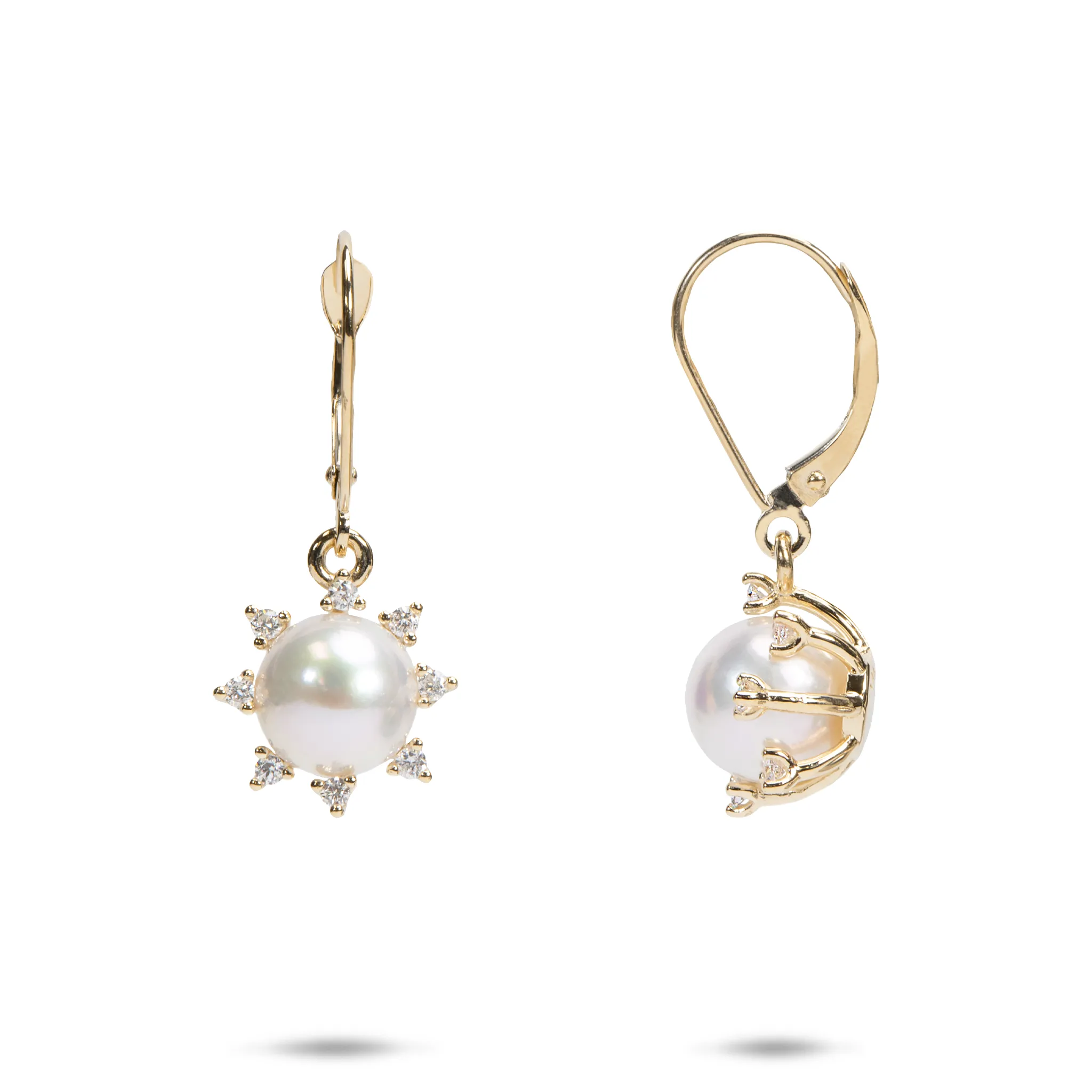 Protea Akoya White Pearl Earrings in Gold with Diamonds - 8mm