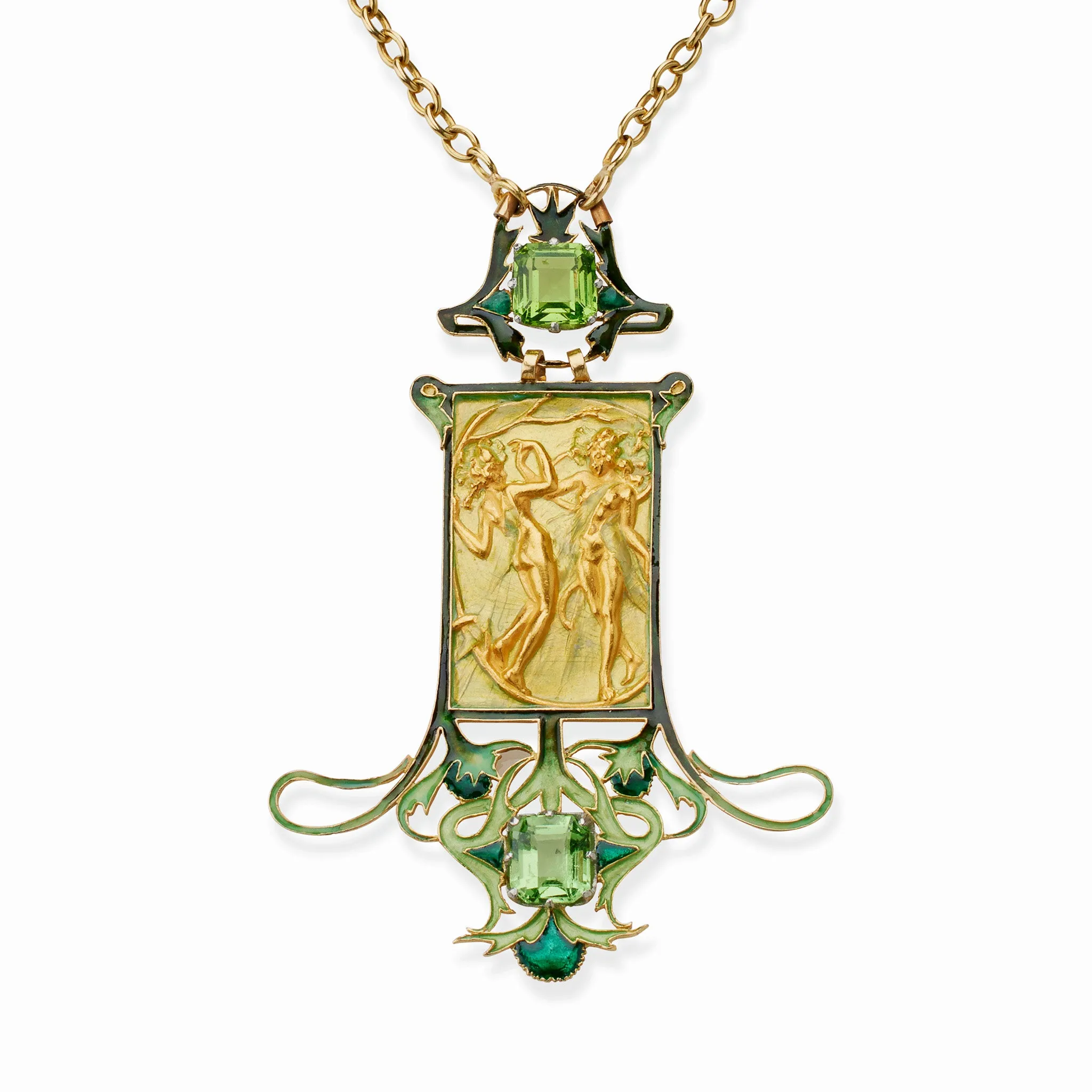 Ren Lalique 18K Gold Peridot and Enamel Dancing Figures Pendant Necklace