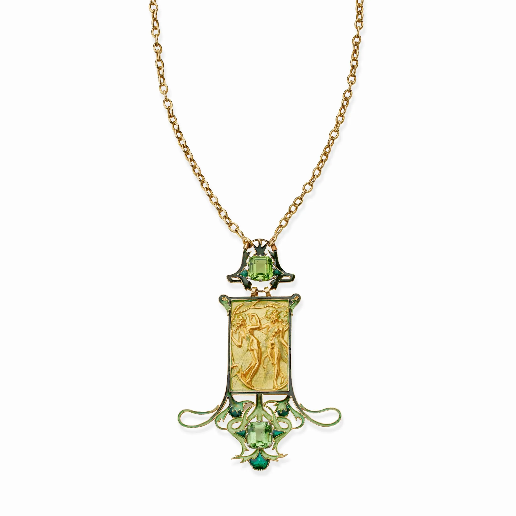 Ren Lalique 18K Gold Peridot and Enamel Dancing Figures Pendant Necklace