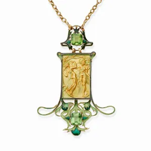 Ren Lalique 18K Gold Peridot and Enamel Dancing Figures Pendant Necklace