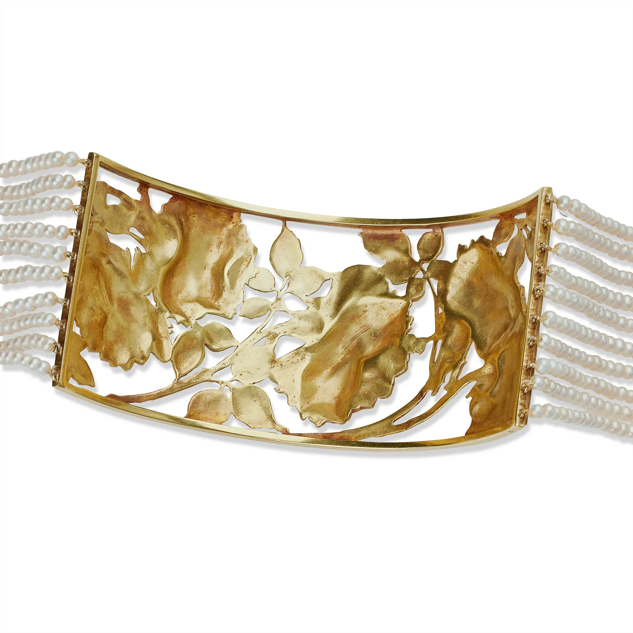 Ren Lalique Art Nouveau 18K Gold, Enamel and Seed Pearl "Collier de chien" Necklace