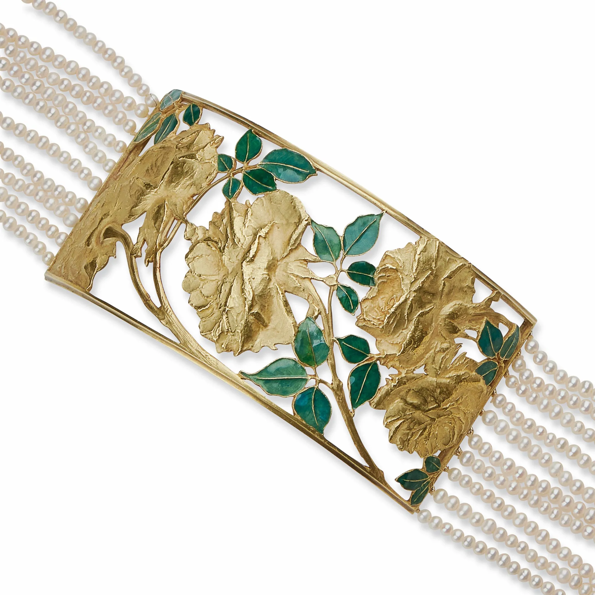 Ren Lalique Art Nouveau 18K Gold, Enamel and Seed Pearl "Collier de chien" Necklace
