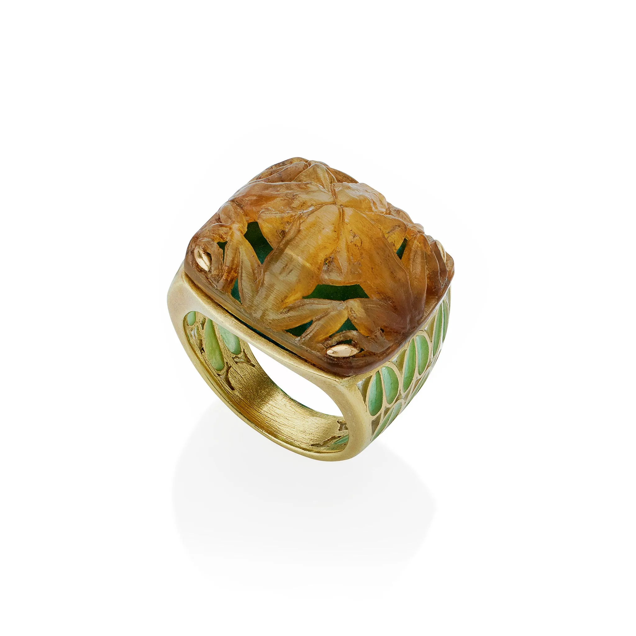 Ren Lalique Art Nouveau Carved Horn and Plique--jour Enamel  "Grenouilles" or Frogs Ring