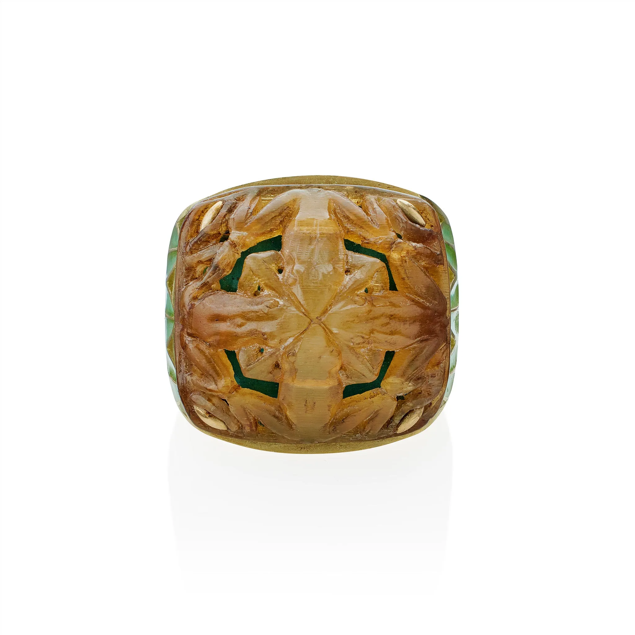 Ren Lalique Art Nouveau Carved Horn and Plique--jour Enamel  "Grenouilles" or Frogs Ring