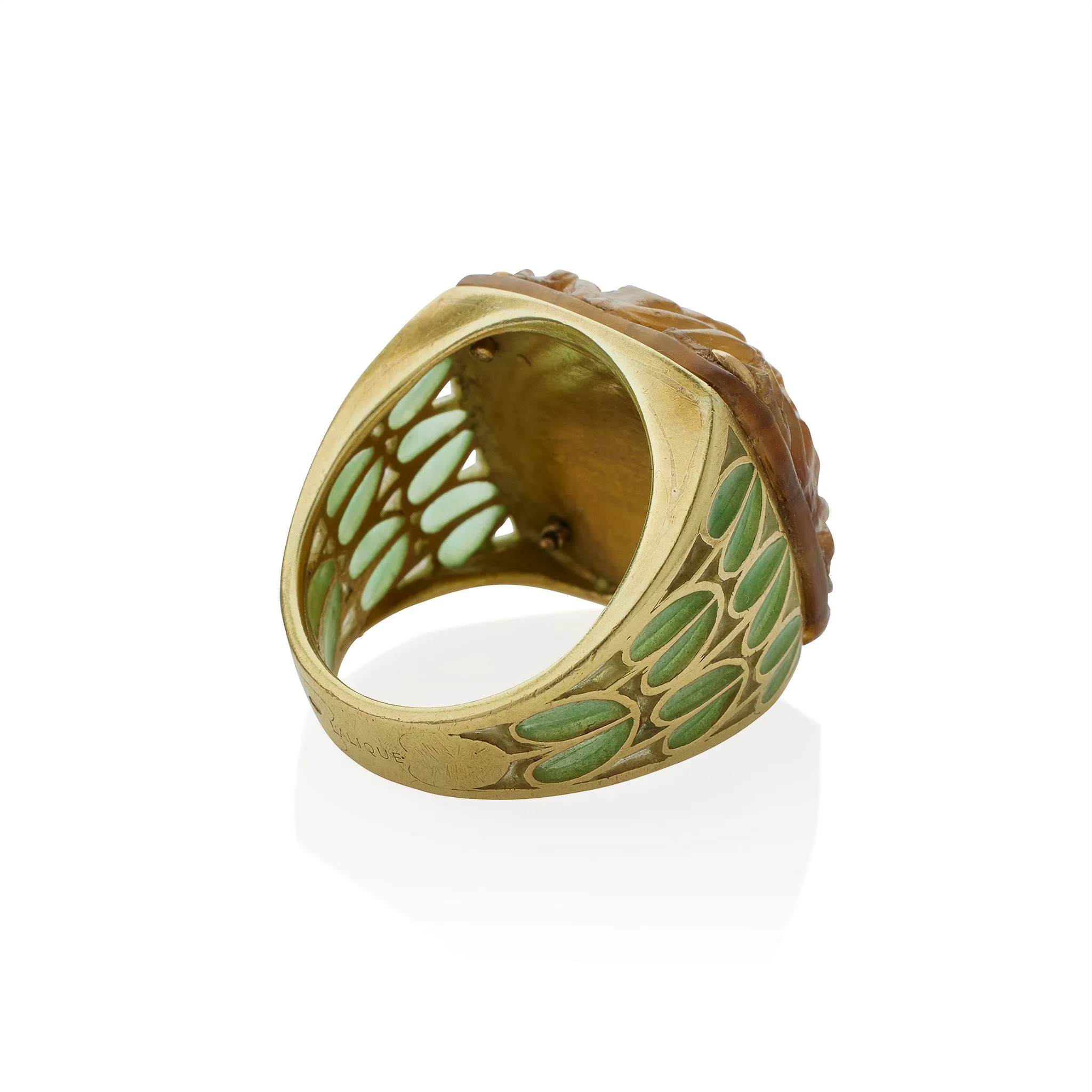 Ren Lalique Art Nouveau Carved Horn and Plique--jour Enamel  "Grenouilles" or Frogs Ring