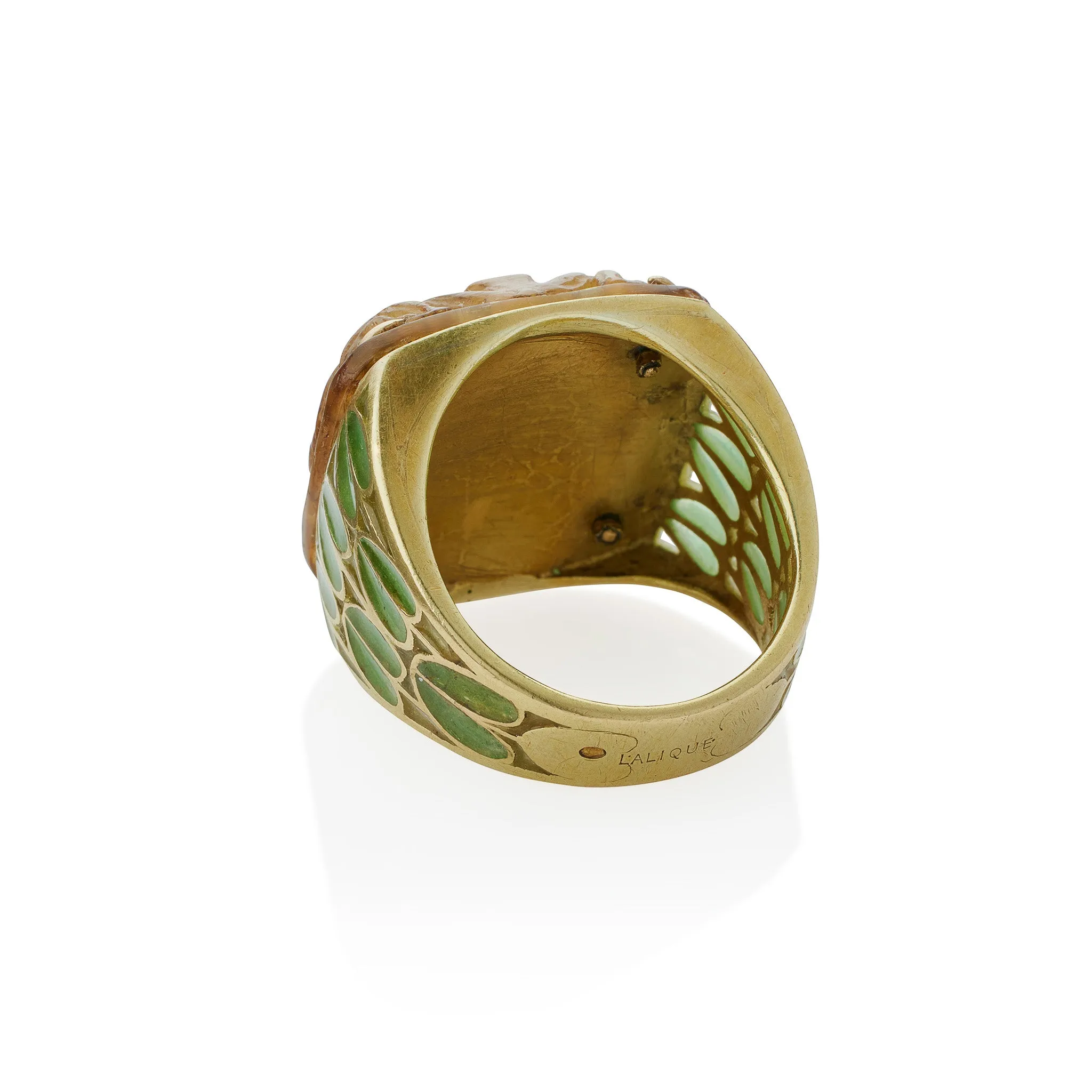 Ren Lalique Art Nouveau Carved Horn and Plique--jour Enamel  "Grenouilles" or Frogs Ring