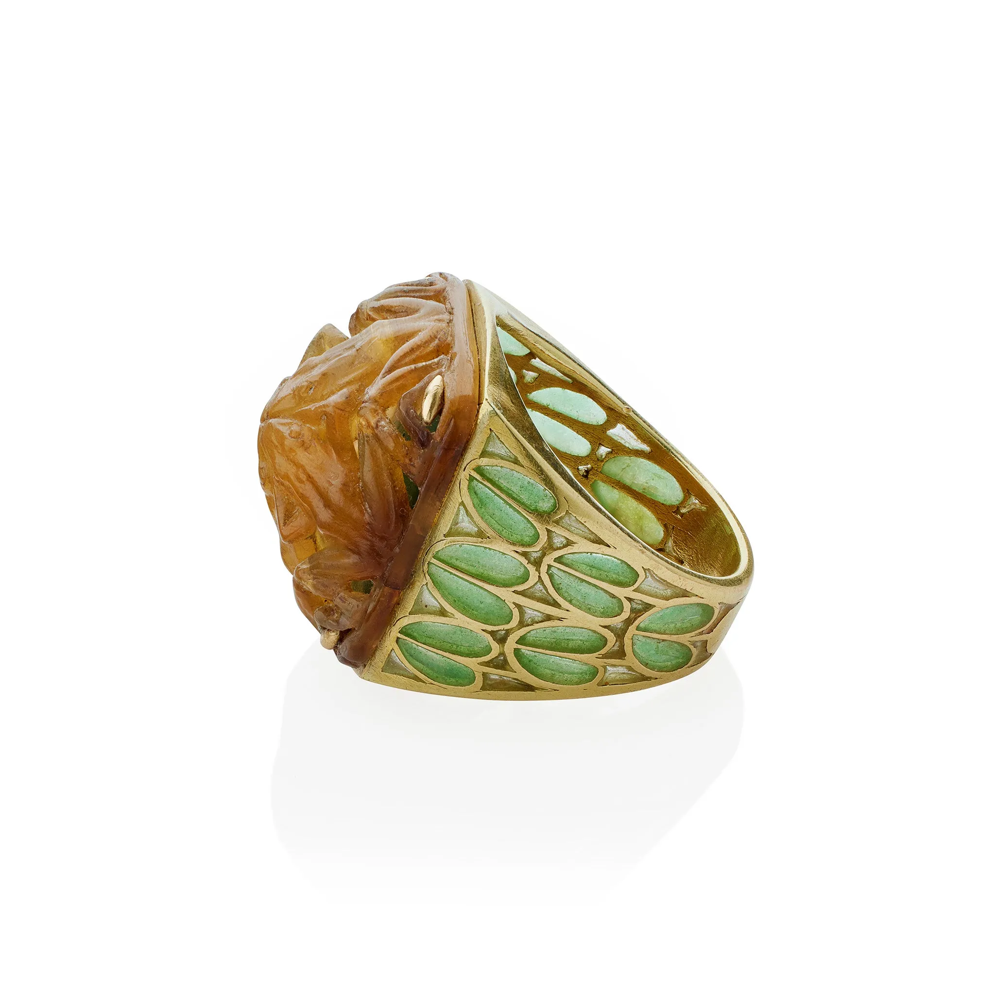 Ren Lalique Art Nouveau Carved Horn and Plique--jour Enamel  "Grenouilles" or Frogs Ring