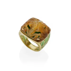 Ren Lalique Art Nouveau Carved Horn and Plique--jour Enamel  "Grenouilles" or Frogs Ring