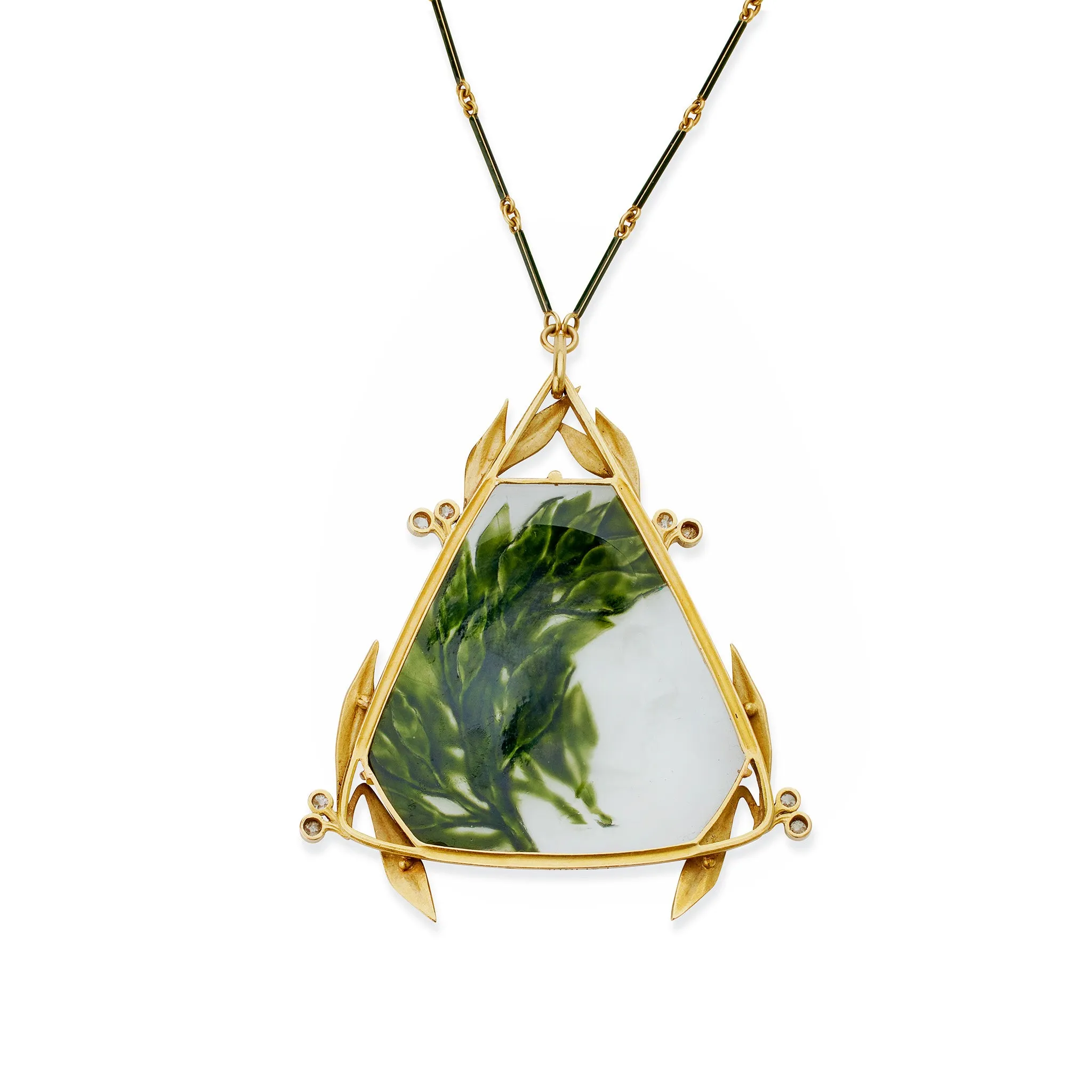 Ren Lalique Art Nouveau Crystal, Enamel and Diamond Pendant Necklace