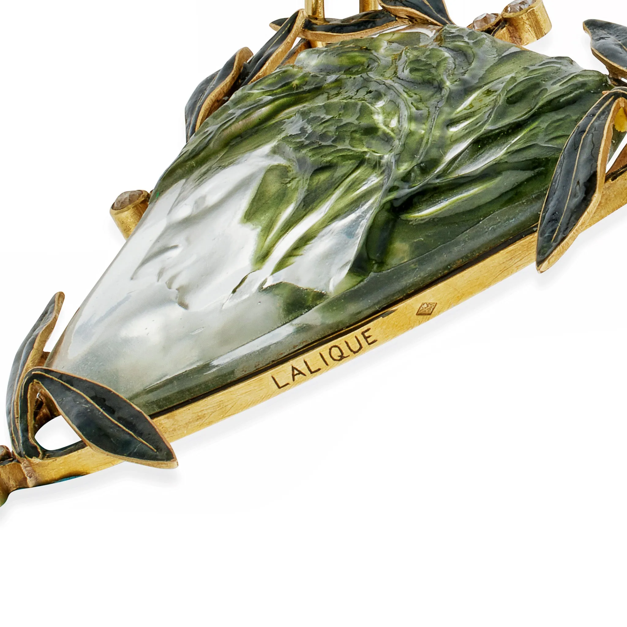 Ren Lalique Art Nouveau Crystal, Enamel and Diamond Pendant Necklace