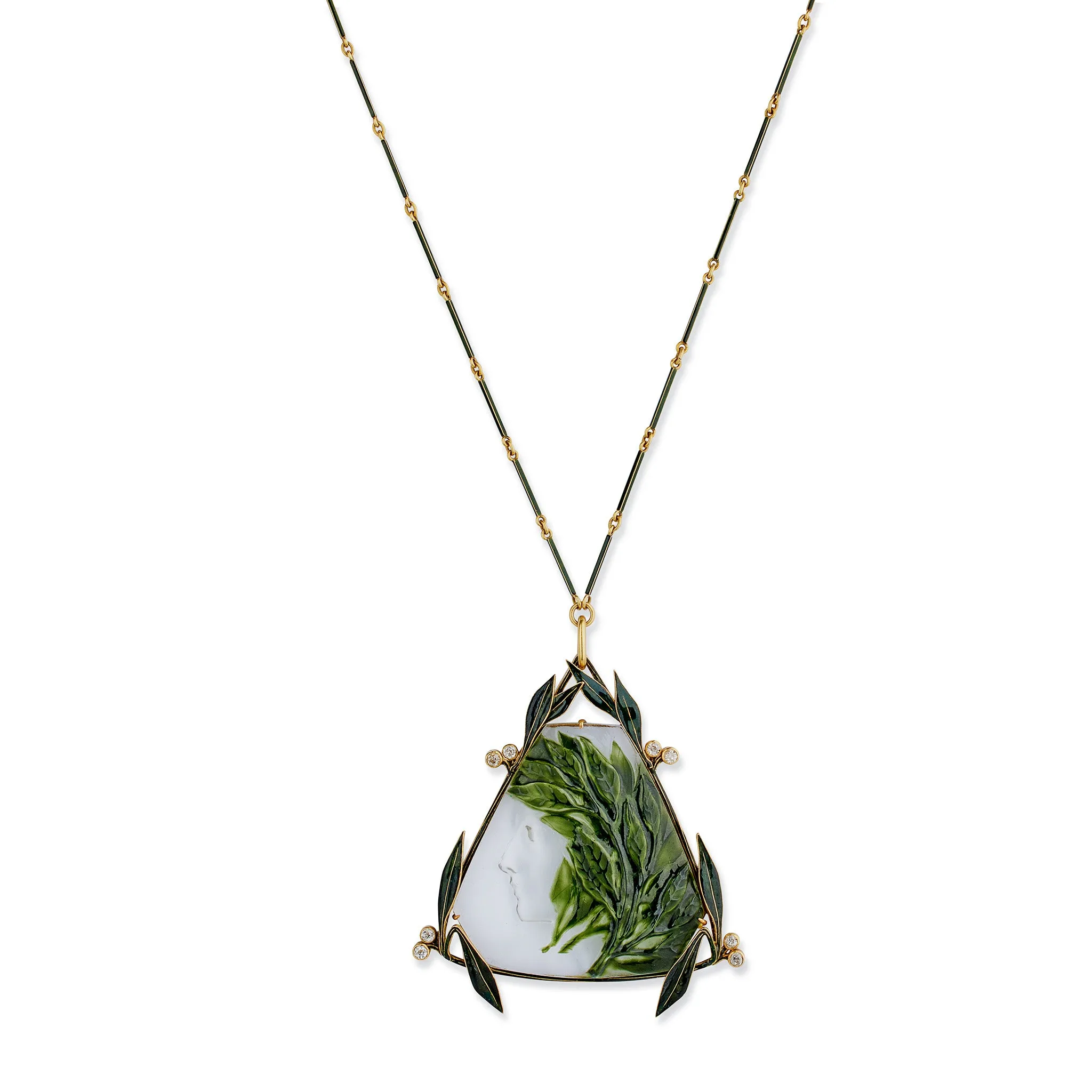 Ren Lalique Art Nouveau Crystal, Enamel and Diamond Pendant Necklace