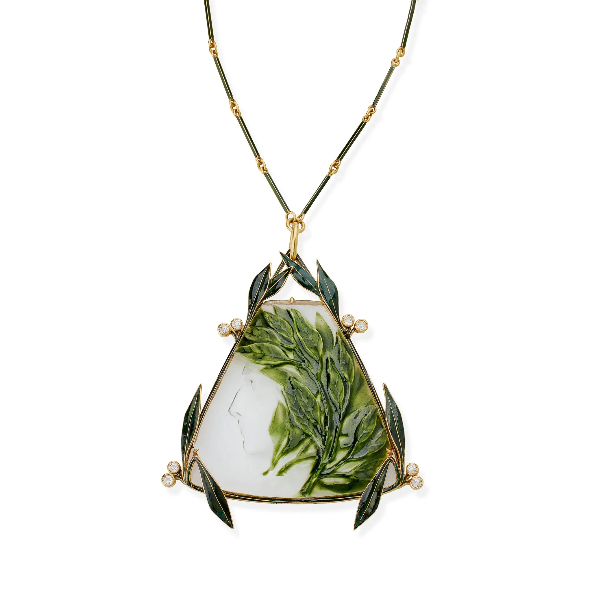 Ren Lalique Art Nouveau Crystal, Enamel and Diamond Pendant Necklace