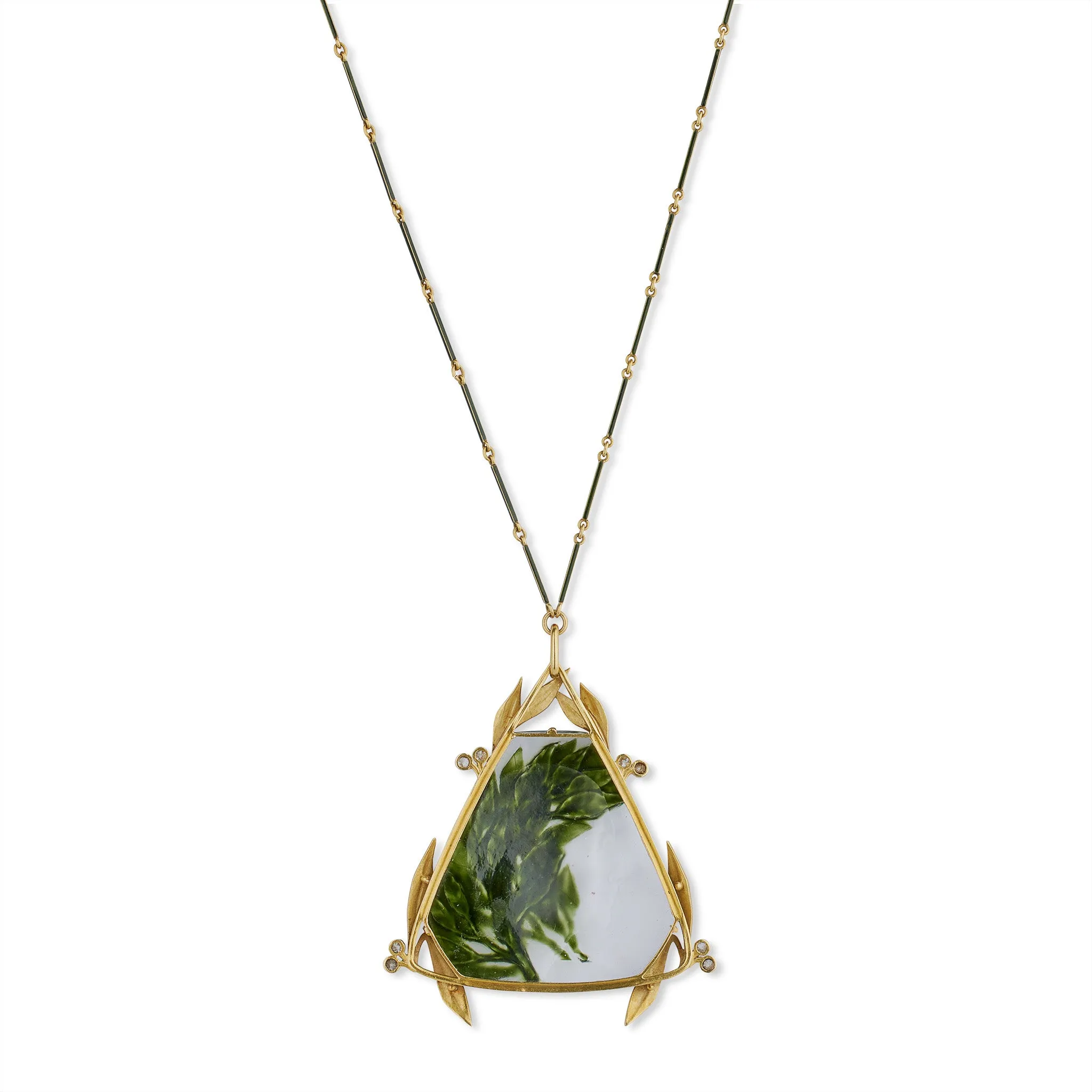Ren Lalique Art Nouveau Crystal, Enamel and Diamond Pendant Necklace
