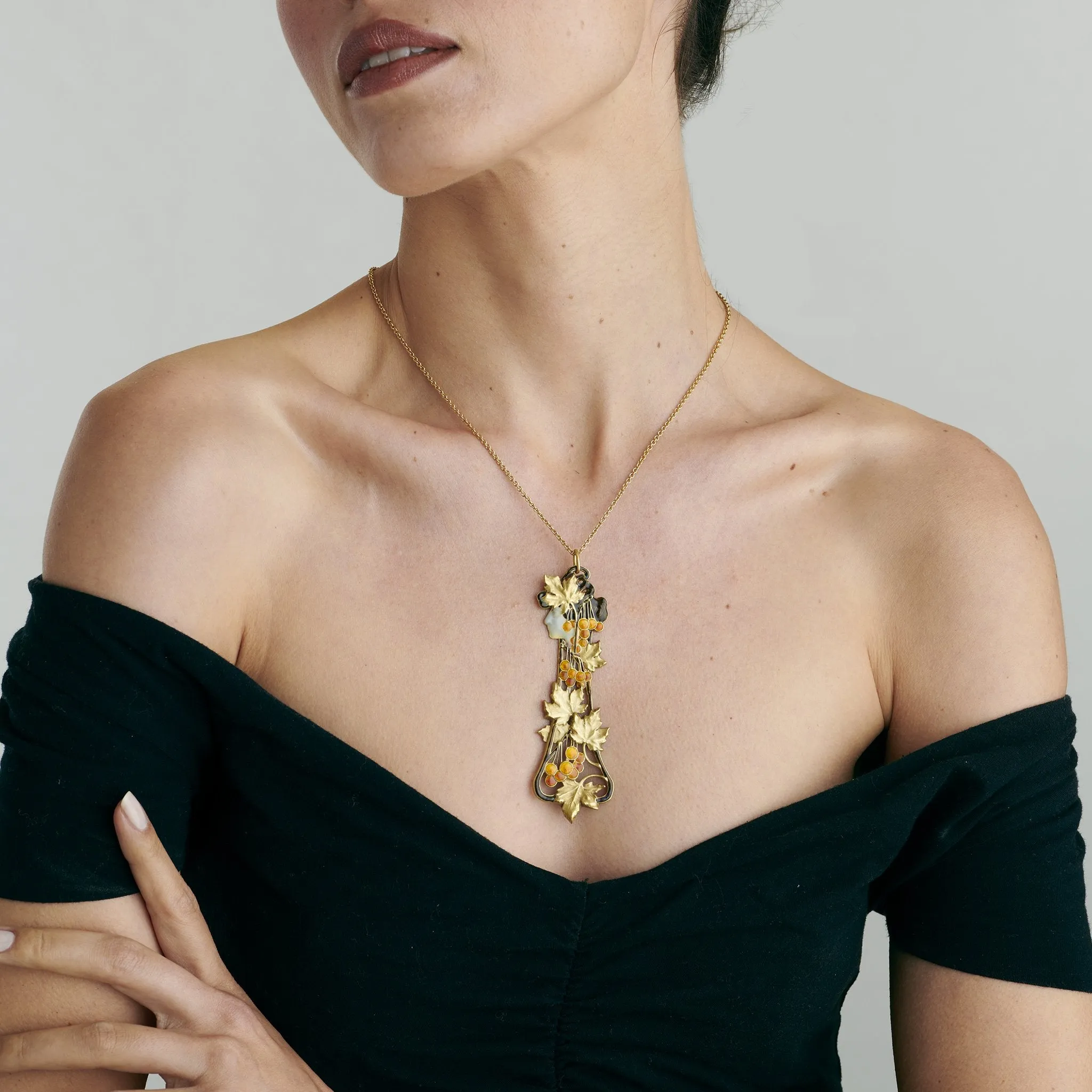 Ren Lalique Automne Gold and Basse-Taille Enamel Pendant