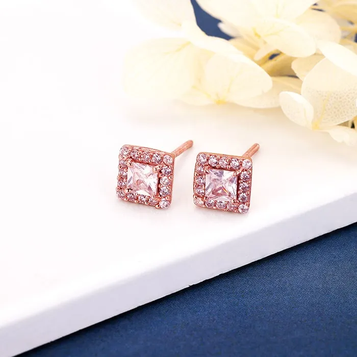 Rose Gold Zircon Square Halo Earrings