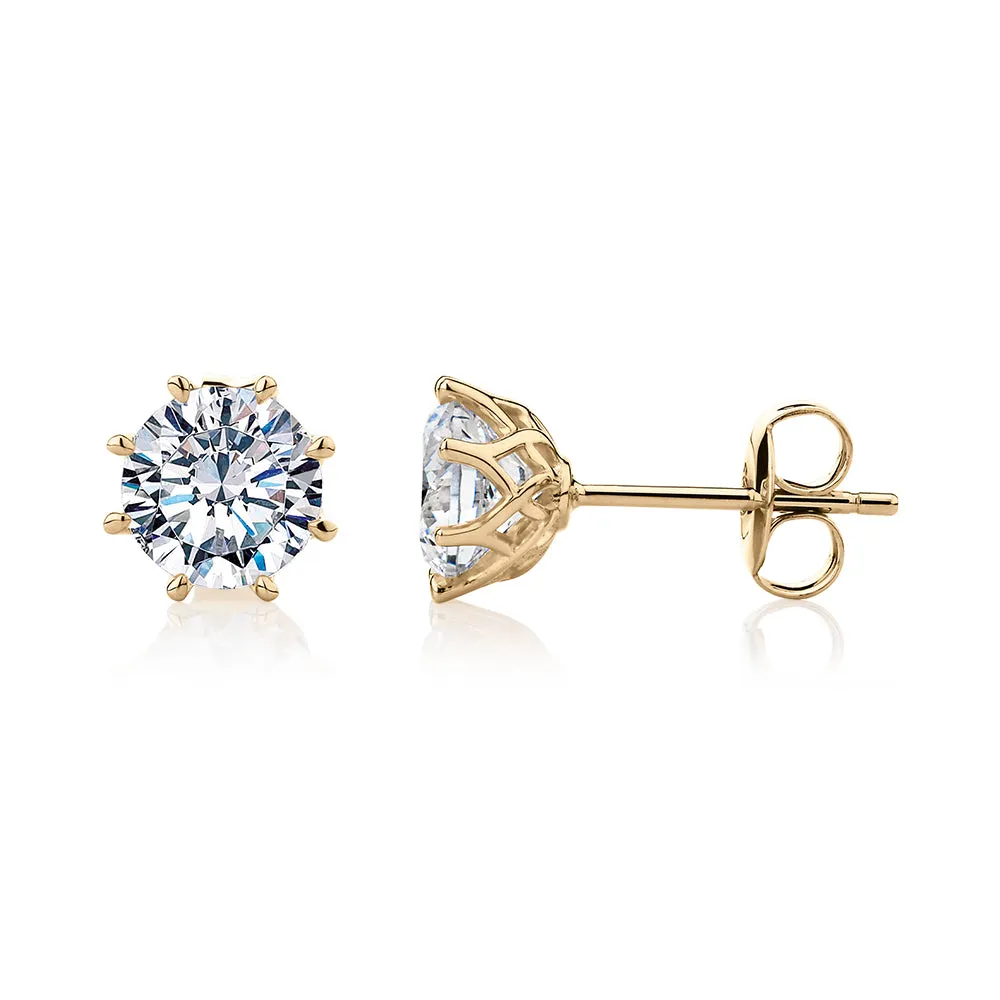 Round Brilliant stud earrings with 2 carats* of diamond simulants in 10 carat yellow gold
