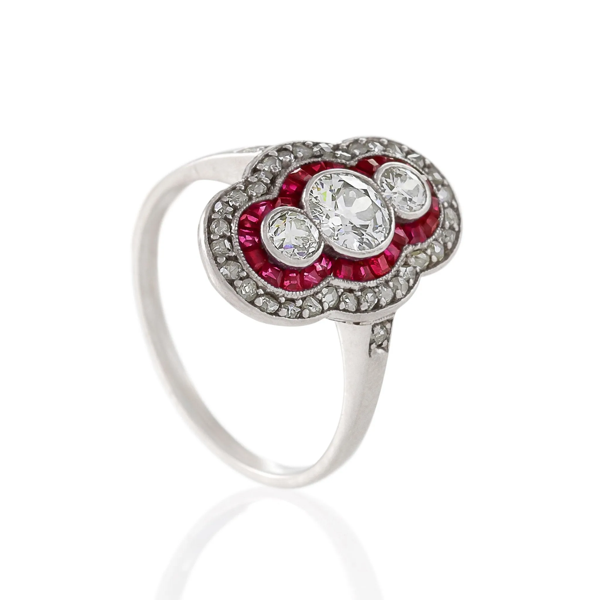 Ruby and Three-Stone Diamond Shield Ring