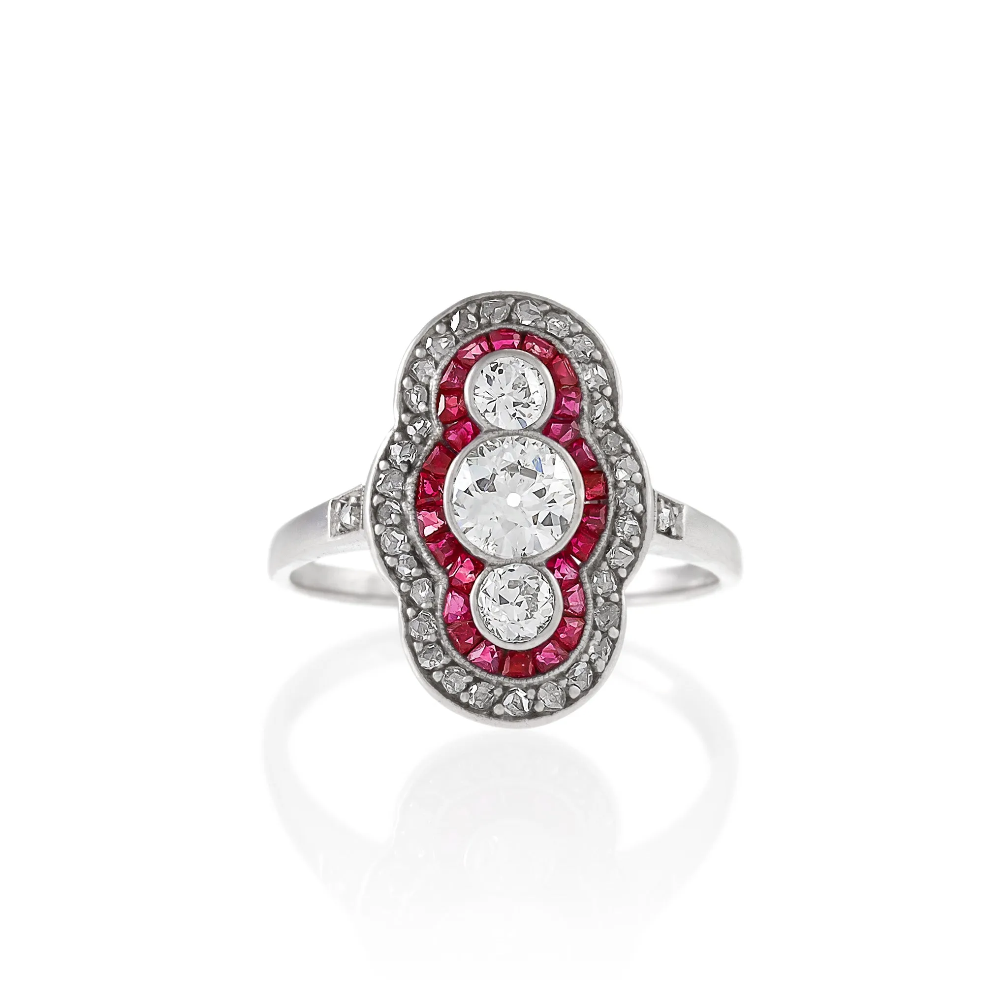 Ruby and Three-Stone Diamond Shield Ring