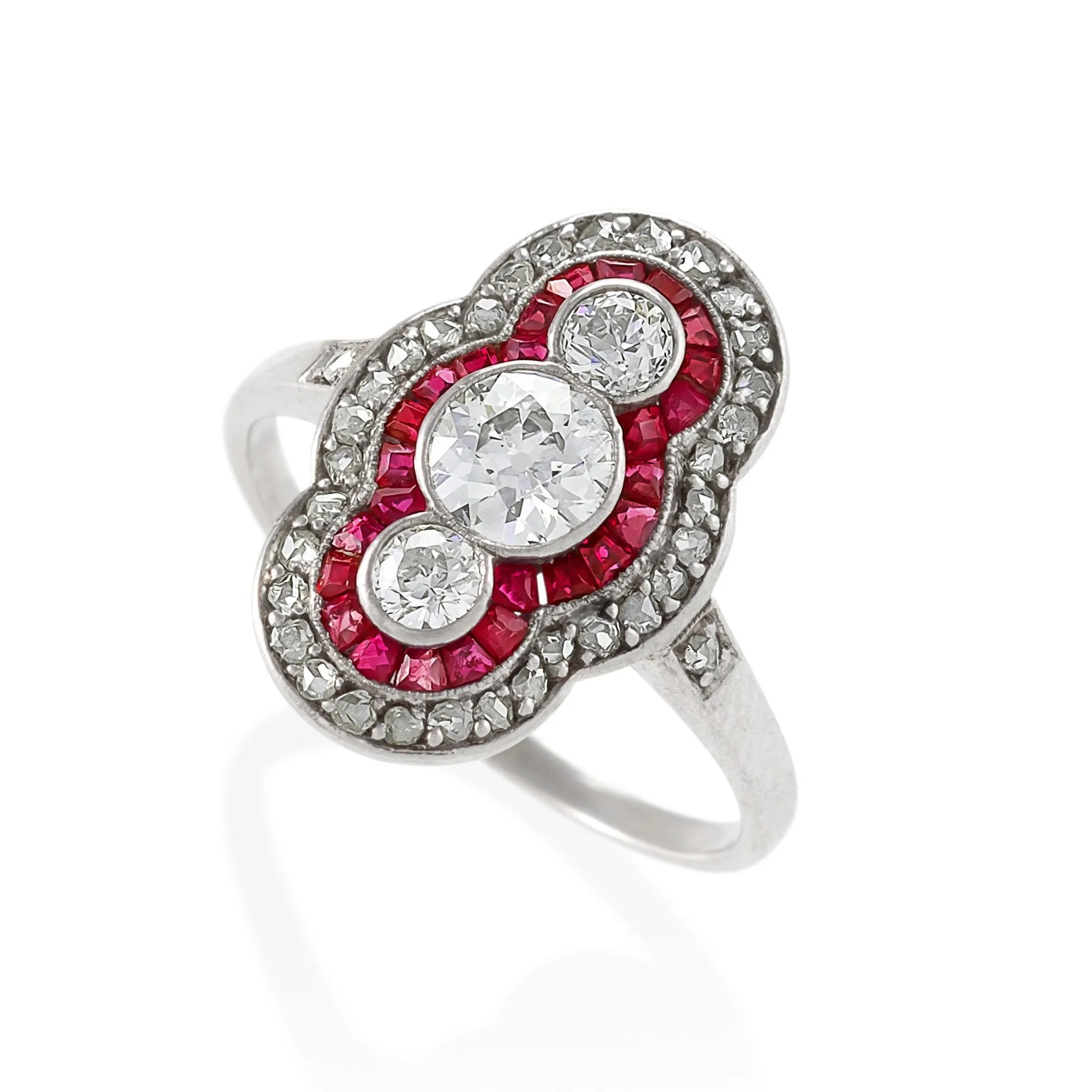 Ruby and Three-Stone Diamond Shield Ring