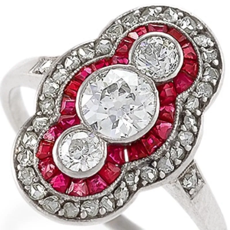 Ruby and Three-Stone Diamond Shield Ring