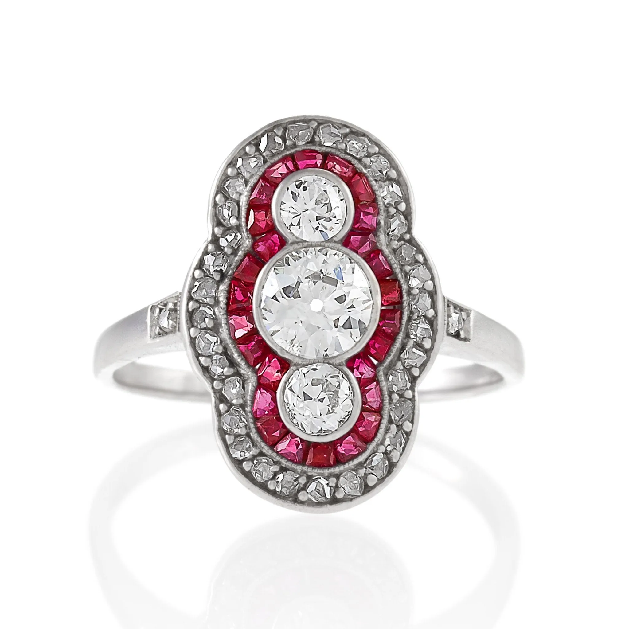 Ruby and Three-Stone Diamond Shield Ring