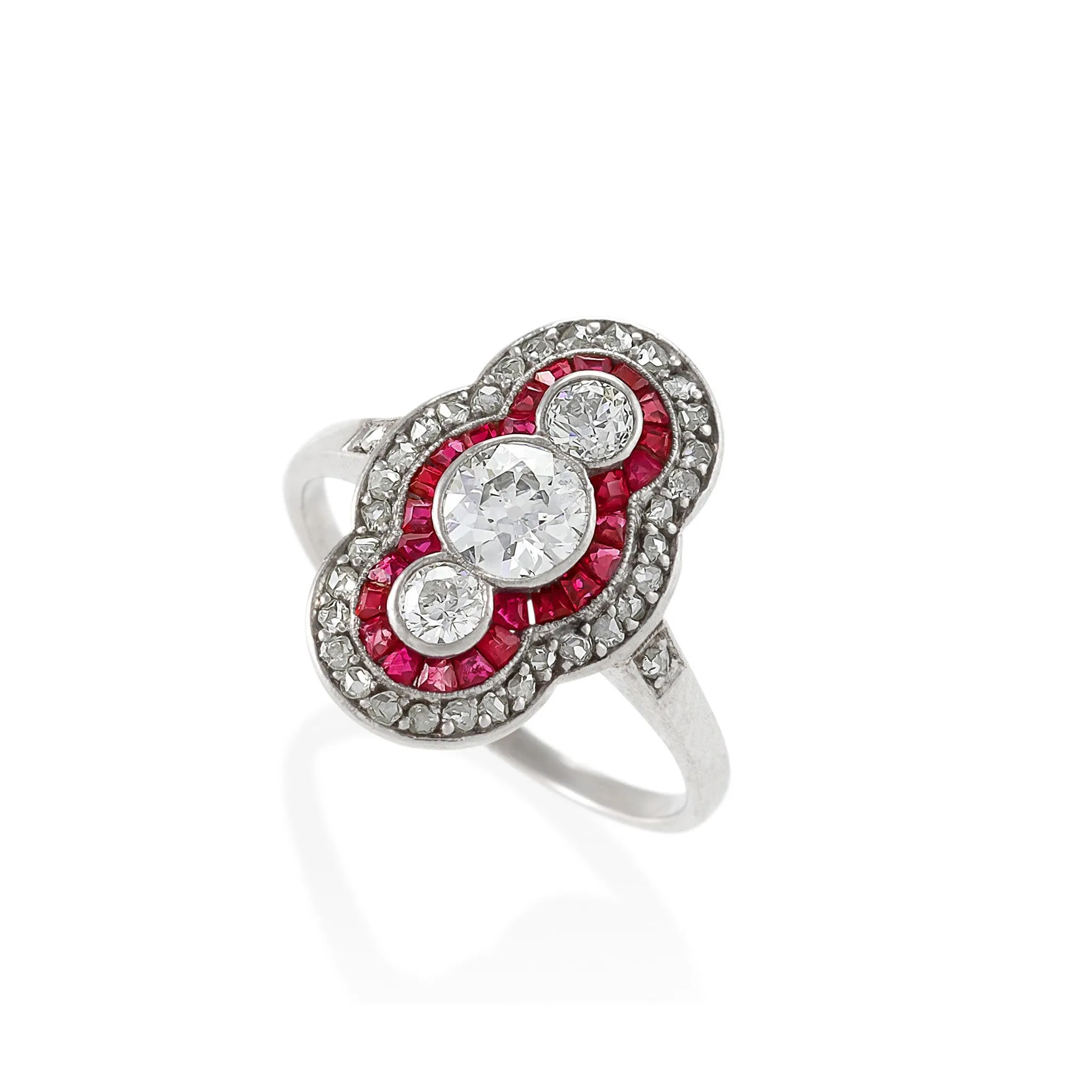 Ruby and Three-Stone Diamond Shield Ring