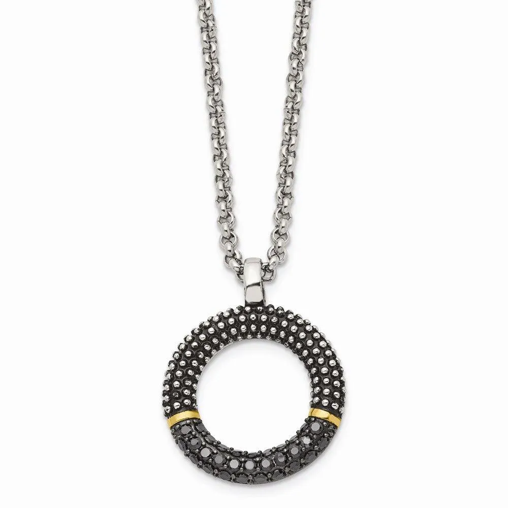 Stainless Steel Black CZ with Yellow IP-plated Antiqued Circle Necklace