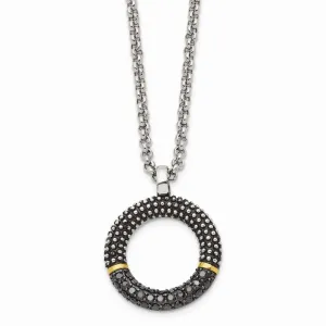 Stainless Steel Black CZ with Yellow IP-plated Antiqued Circle Necklace