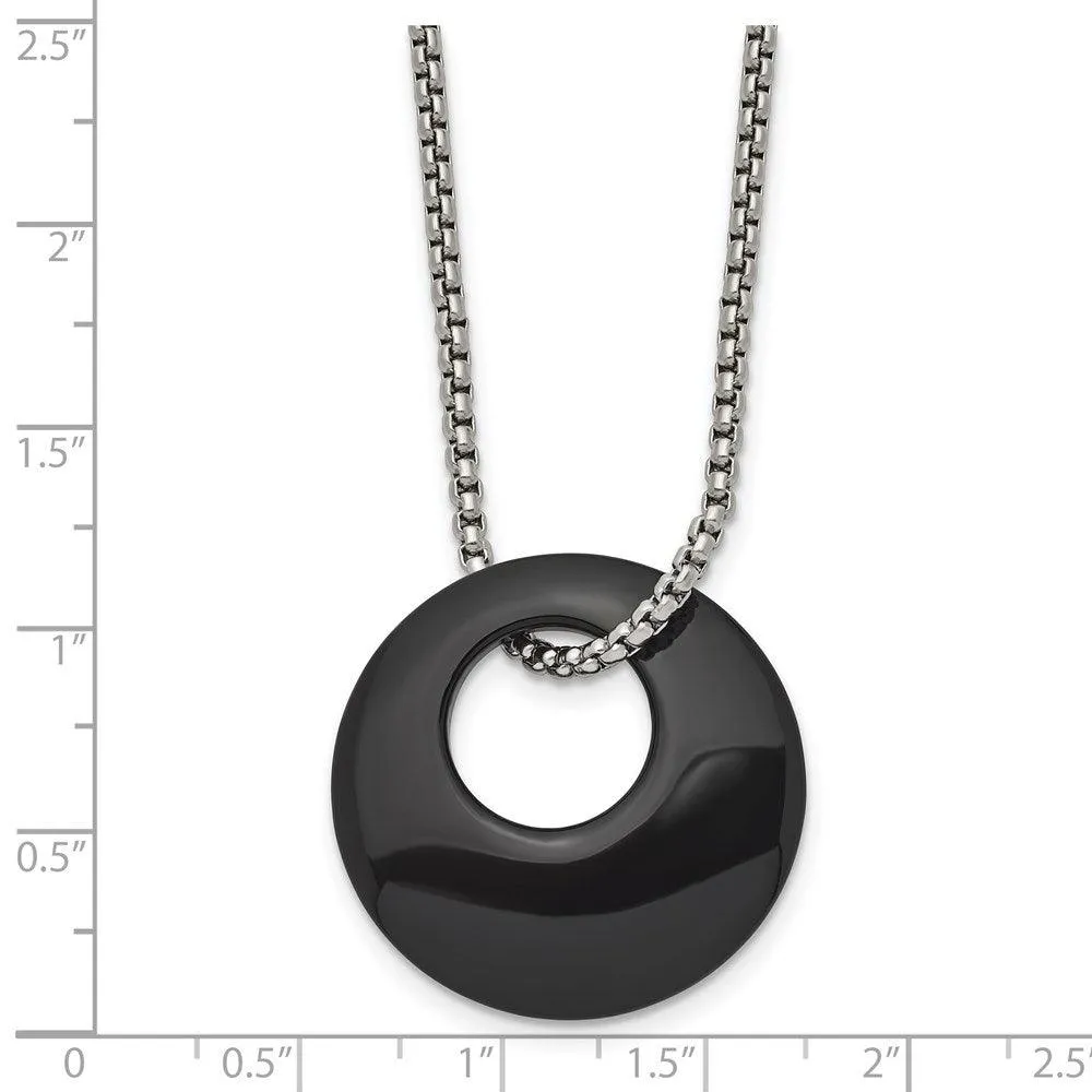 Stainless Steel Black Onyx Large Circular Polished Necklace