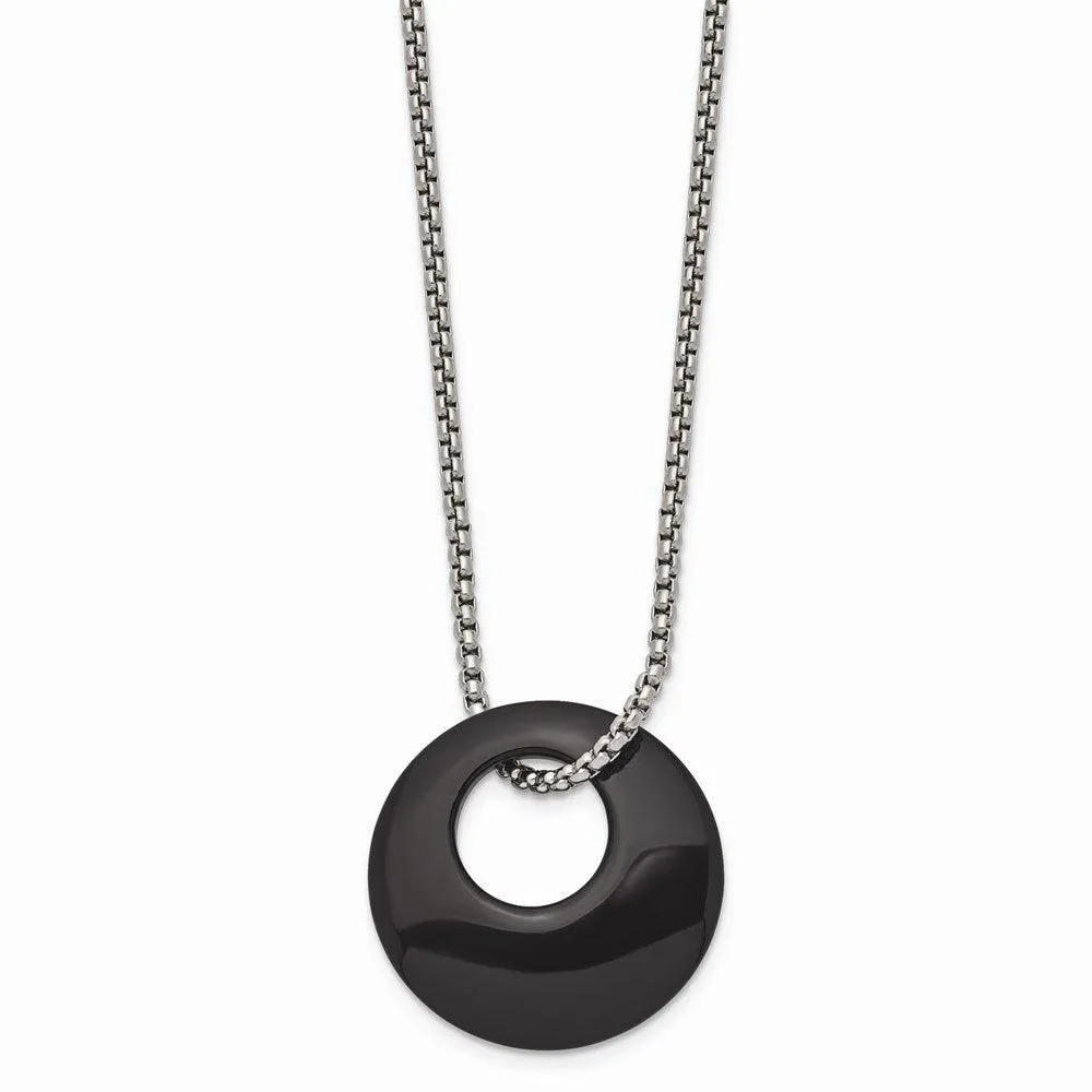 Stainless Steel Black Onyx Large Circular Polished Necklace