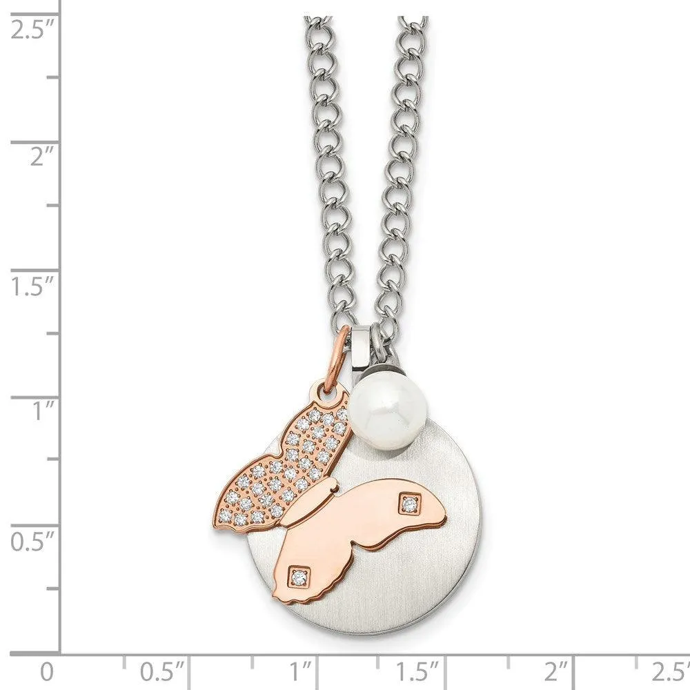 Stainless Steel Brushed & Polished Rose IP CZ Butterfly&FWC Pearl Necklace